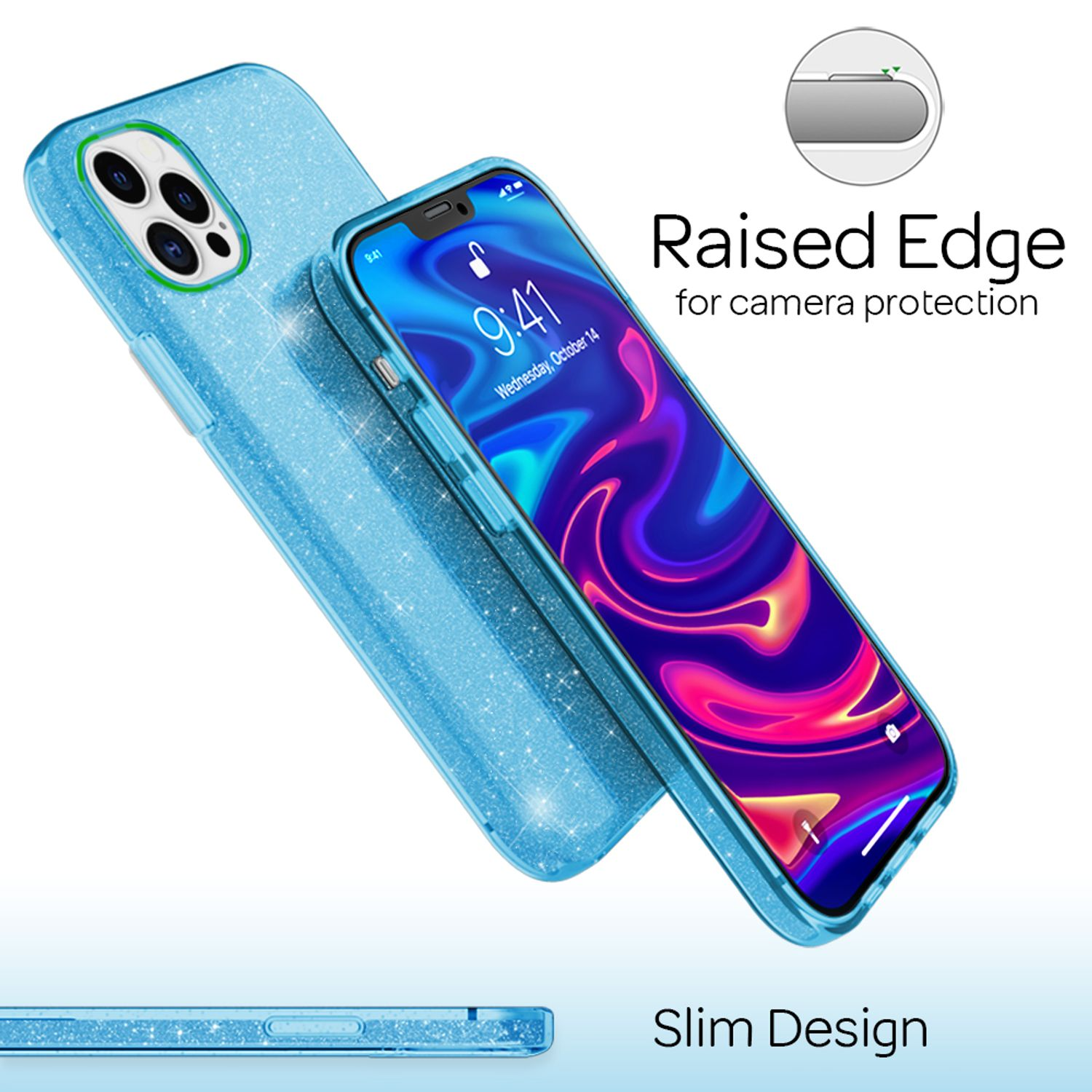 Blaue Glitzer-Handyhülle zeigt erhöhten Rand für Kameraschutz und schlankes Design.