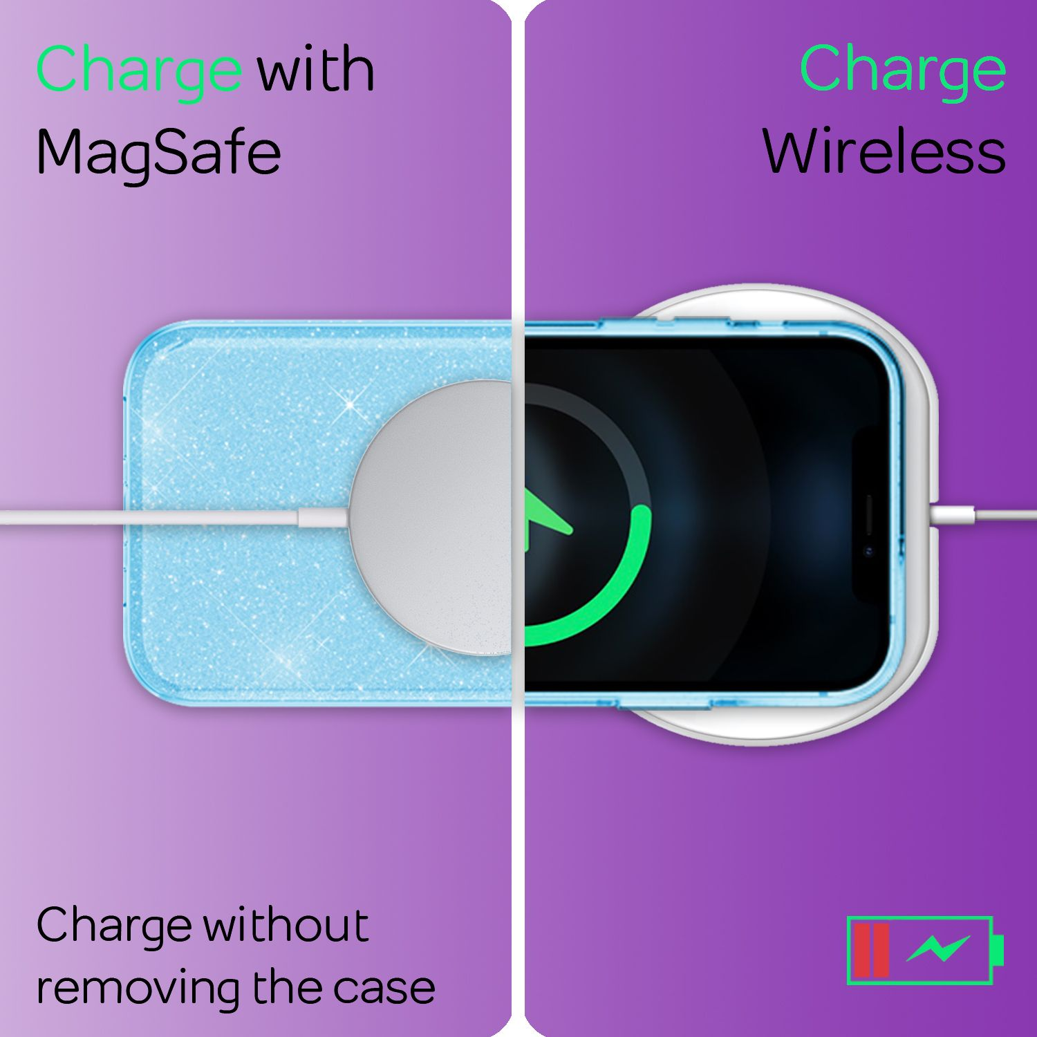 Vergleich von MagSafe und kabellosem Laden mit blauer Glitzer-Handyhülle auf lila Hintergrund.