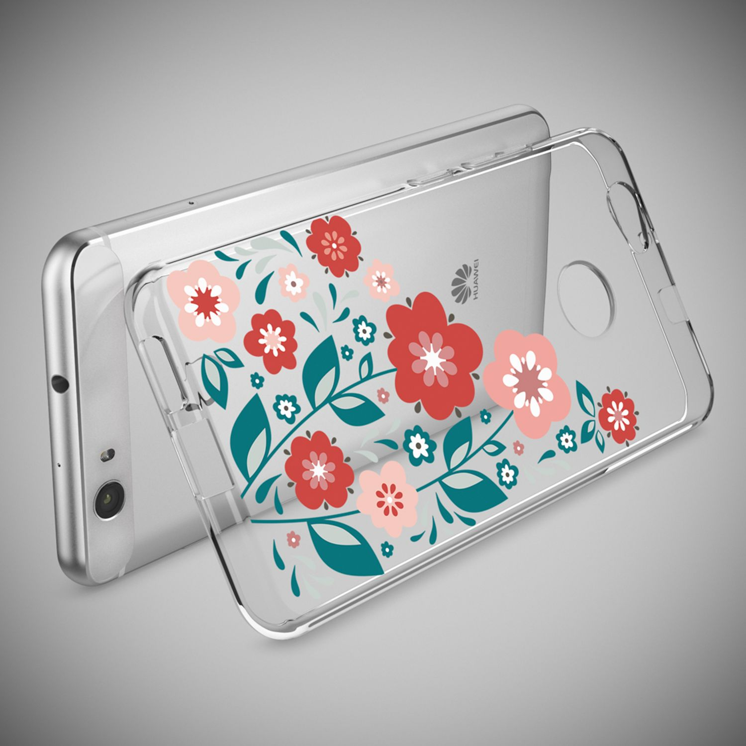Transparente Handyhülle mit rot-rosa Blumen und grünen Blättern vor einem silbernen Smartphone auf grauem Grund.