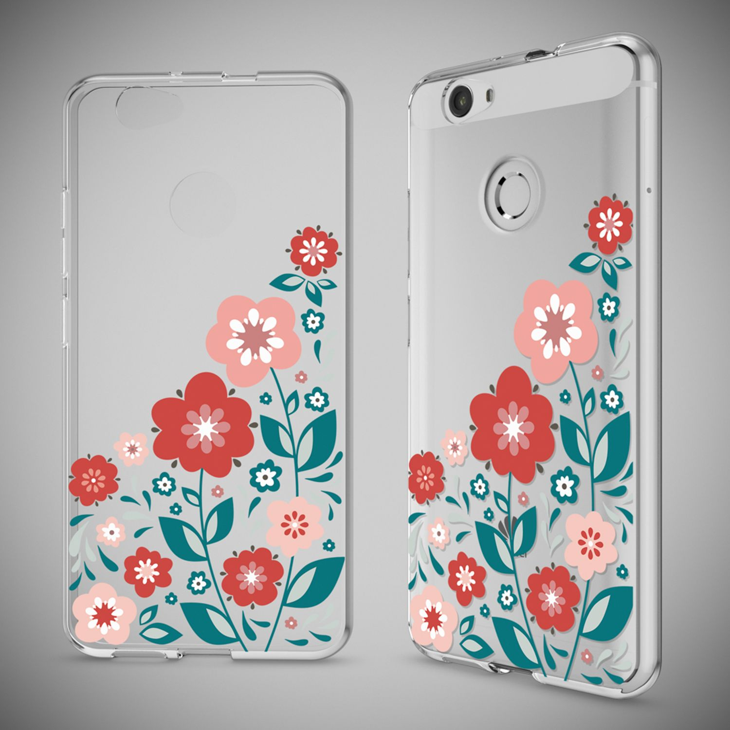 Transparente Handysülle mit Blumenmuster in Rot, Rosa und Weiß sowie grünen Blättern.