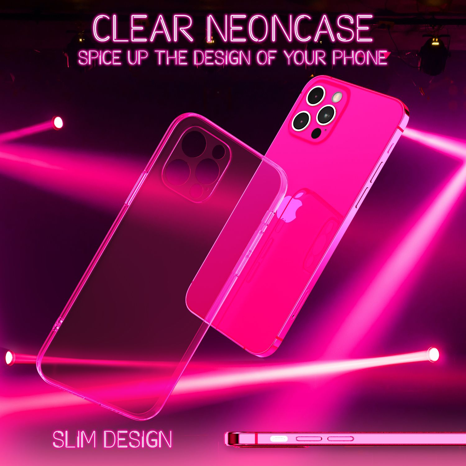 Klare Neon-Handyhülle auf pinkem Hintergrund mit Lichtstrahlen.