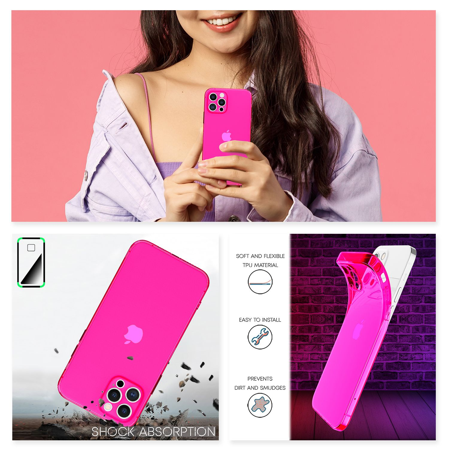 Eine Frau hält eine pinke Handyhülle, weitere Produktbilder zeigen das Design und Features wie Stoßdämpfung.
