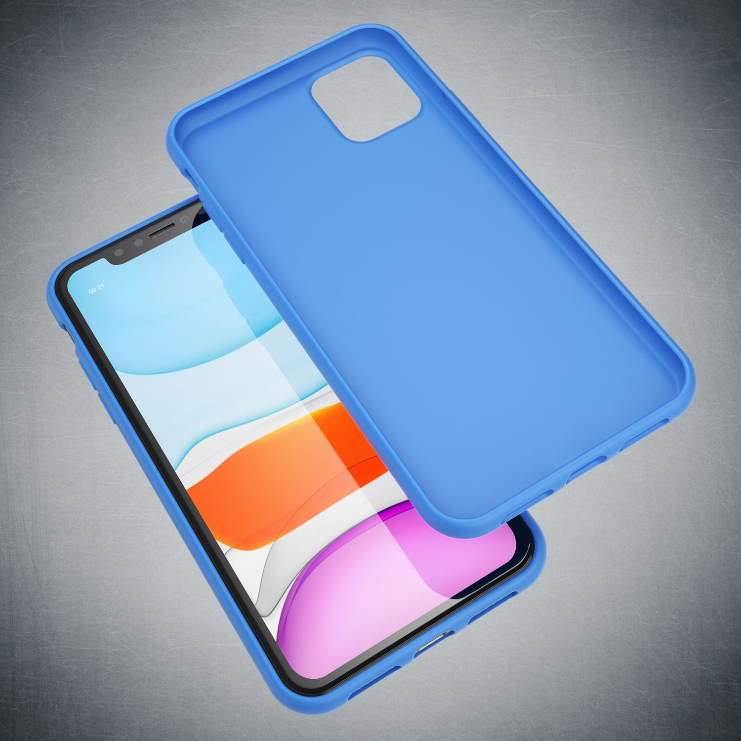 Ein Smartphone in einer hellblauen Schutzhülle, schräg gehalten vor grauem Hintergrund.