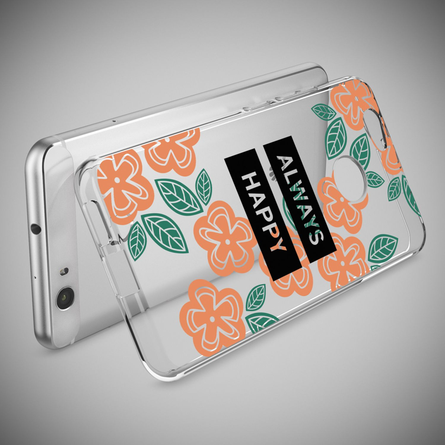 Transparente Handyhülle mit orangen Blumen, grünen Blättern und dem Text "ALWAYS HAPPY".