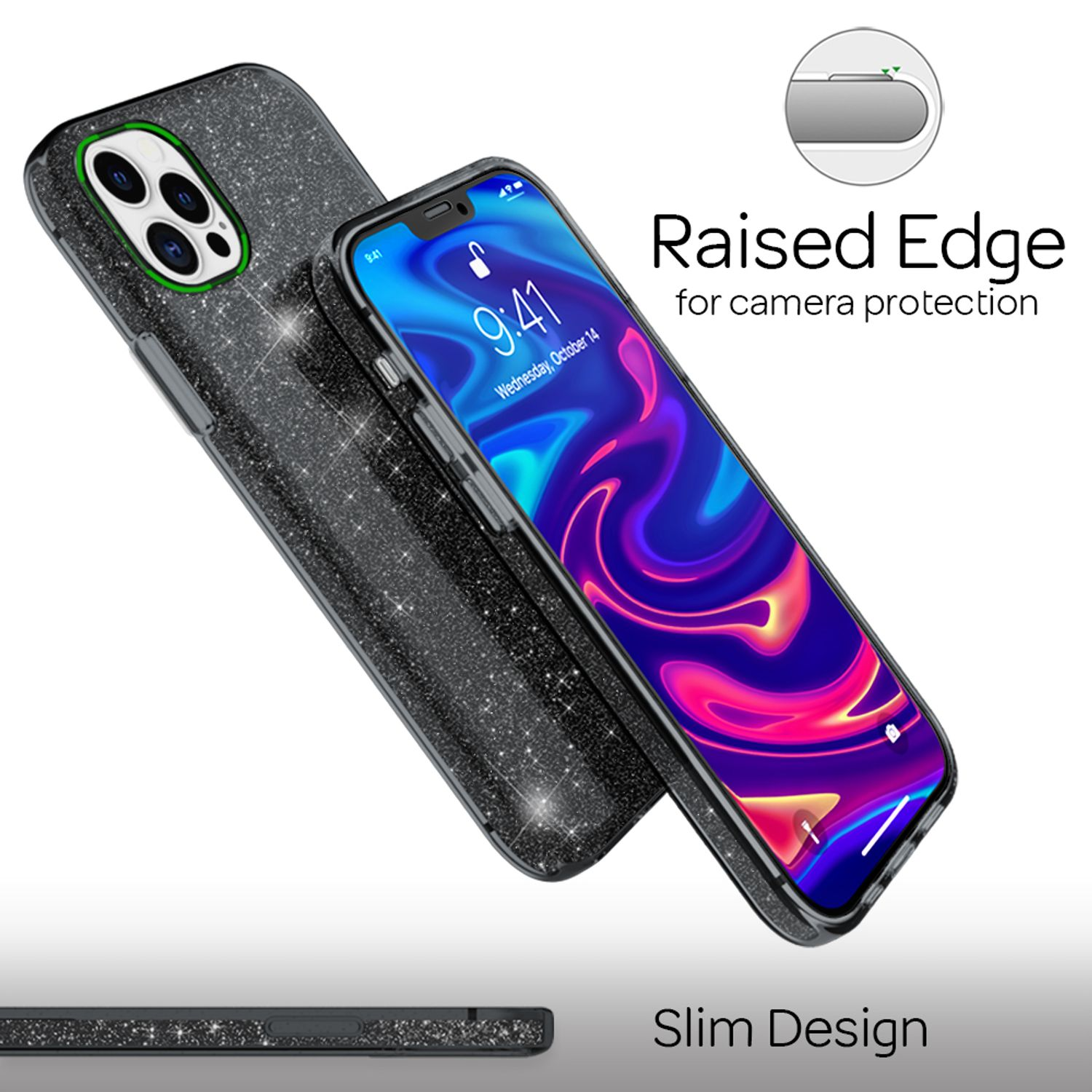 Smartphone con custodia nera brillante che mostra protezione rialzata per fotocamera e design sottile.
