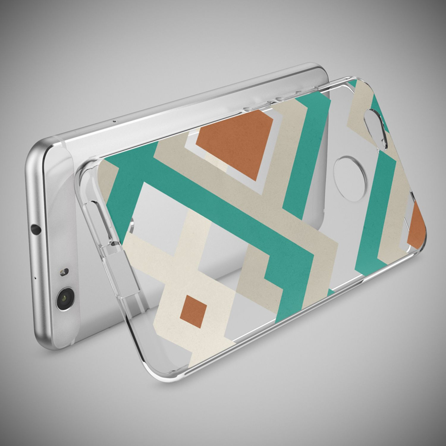 Transparente Handyhülle mit geometrischem Muster, bestehend aus Türkis, Braun und Beige, auf einem silbernen Smartphone.