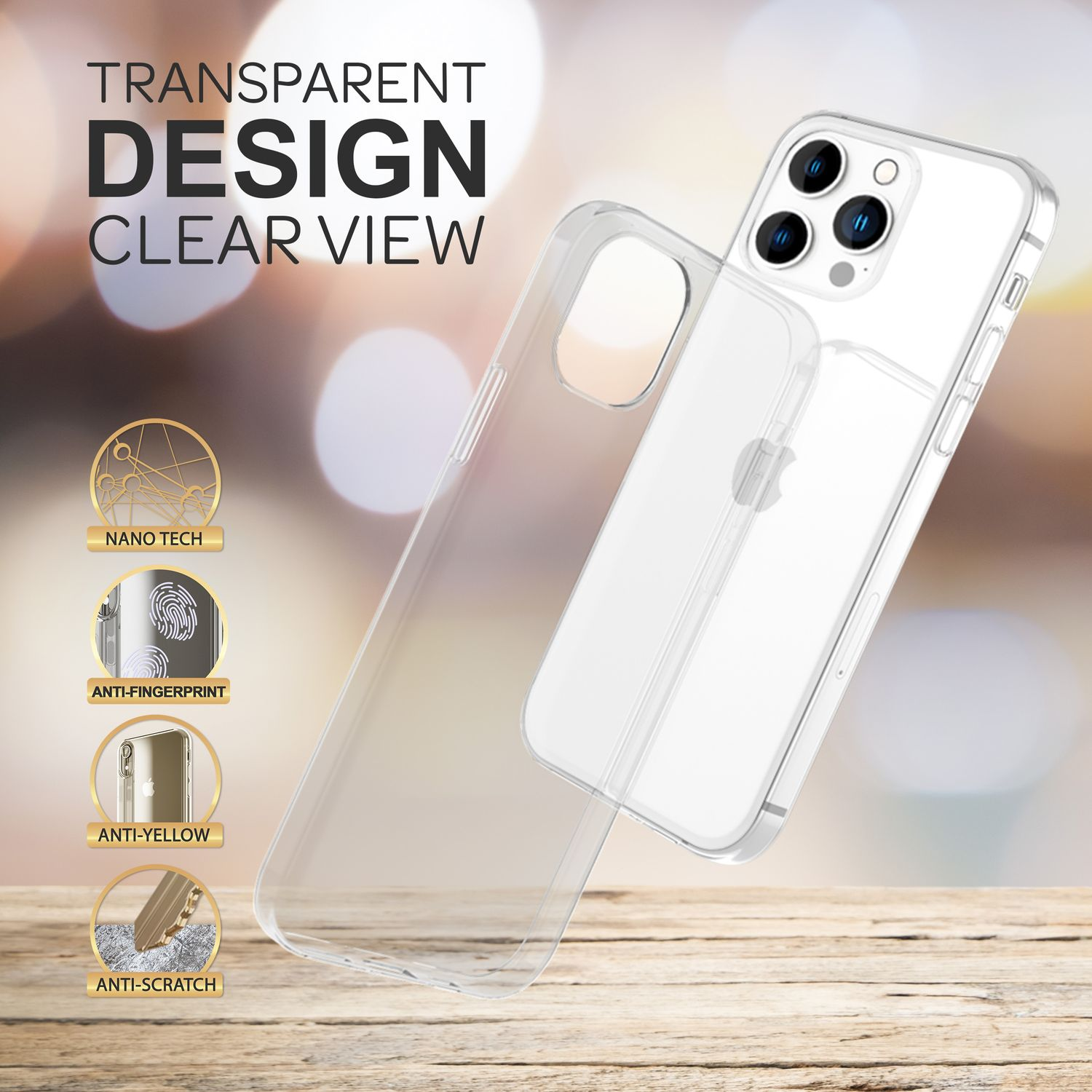Transparente Handyhülle mit Smartphone auf Holztisch, Text und vier kleine Feature-Icons links.