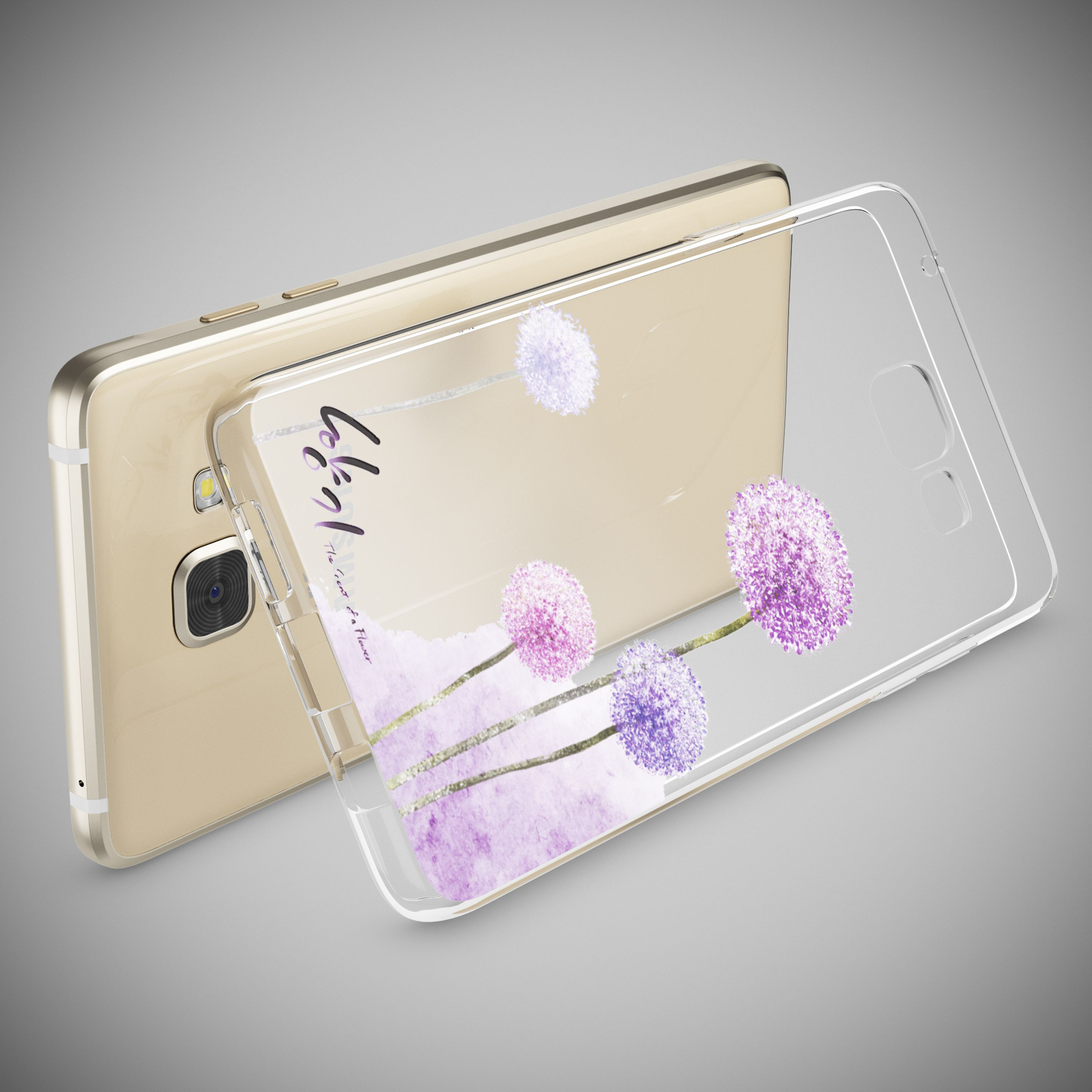 Goldenes Smartphone mit einer transparenten Schutzhülle, die mit einem violetten Blumenmuster verziert ist.