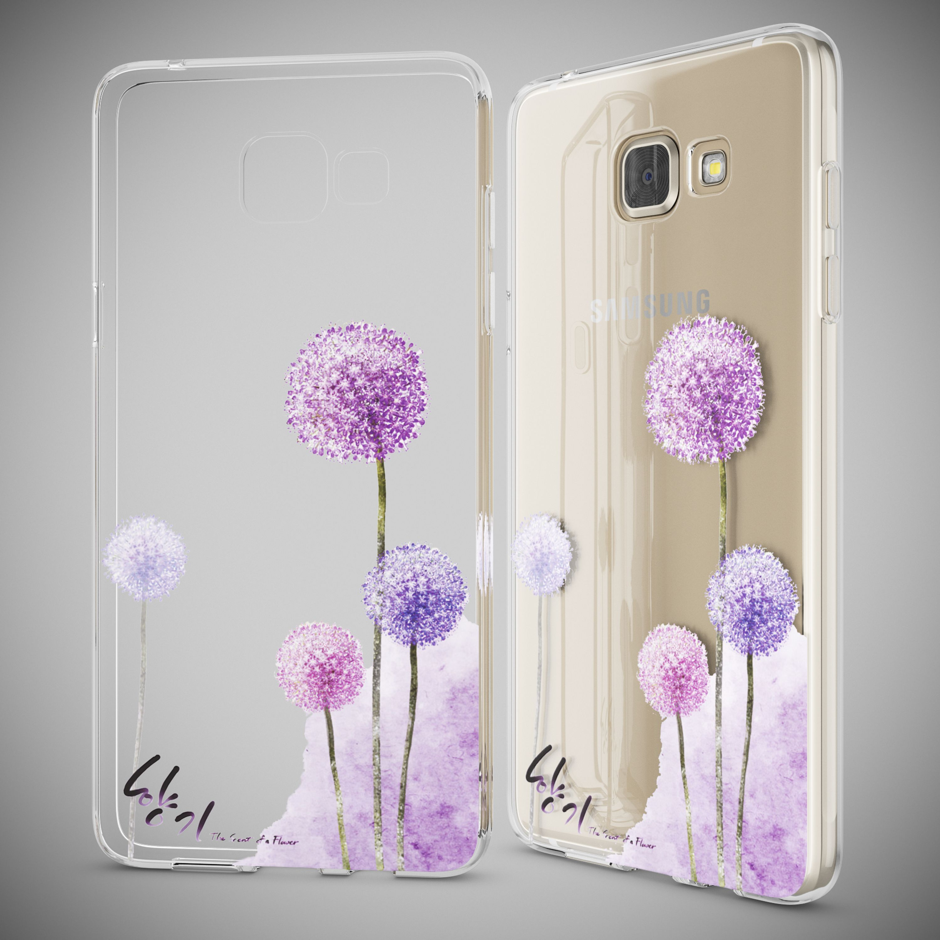 Transparente Handyhülle mit violetten Löwenzahnblüten und Aquarell-Design.