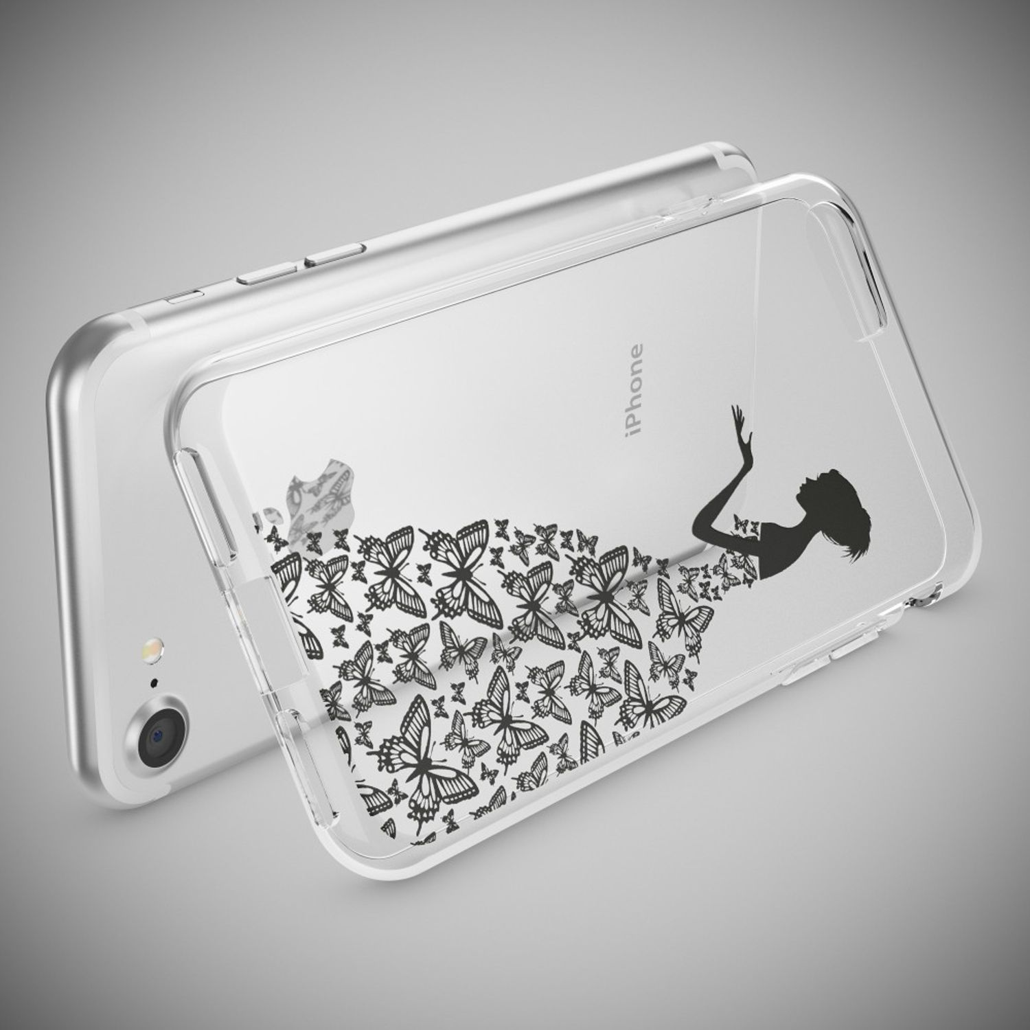 Eine transparente Handyhülle mit einem schwarz-weißen Design, das eine Schmetterlingskleid-Silhouette zeigt.