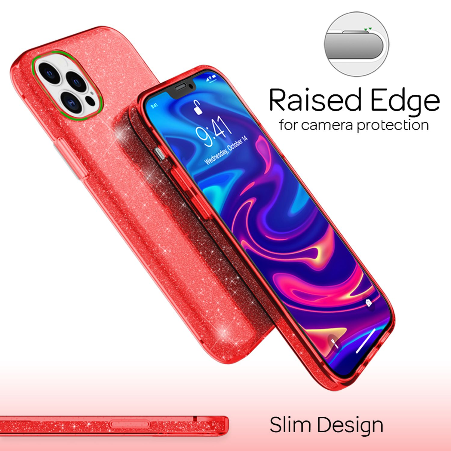Custodia per telefono rossa glitterata con bordo rialzato e design sottile.