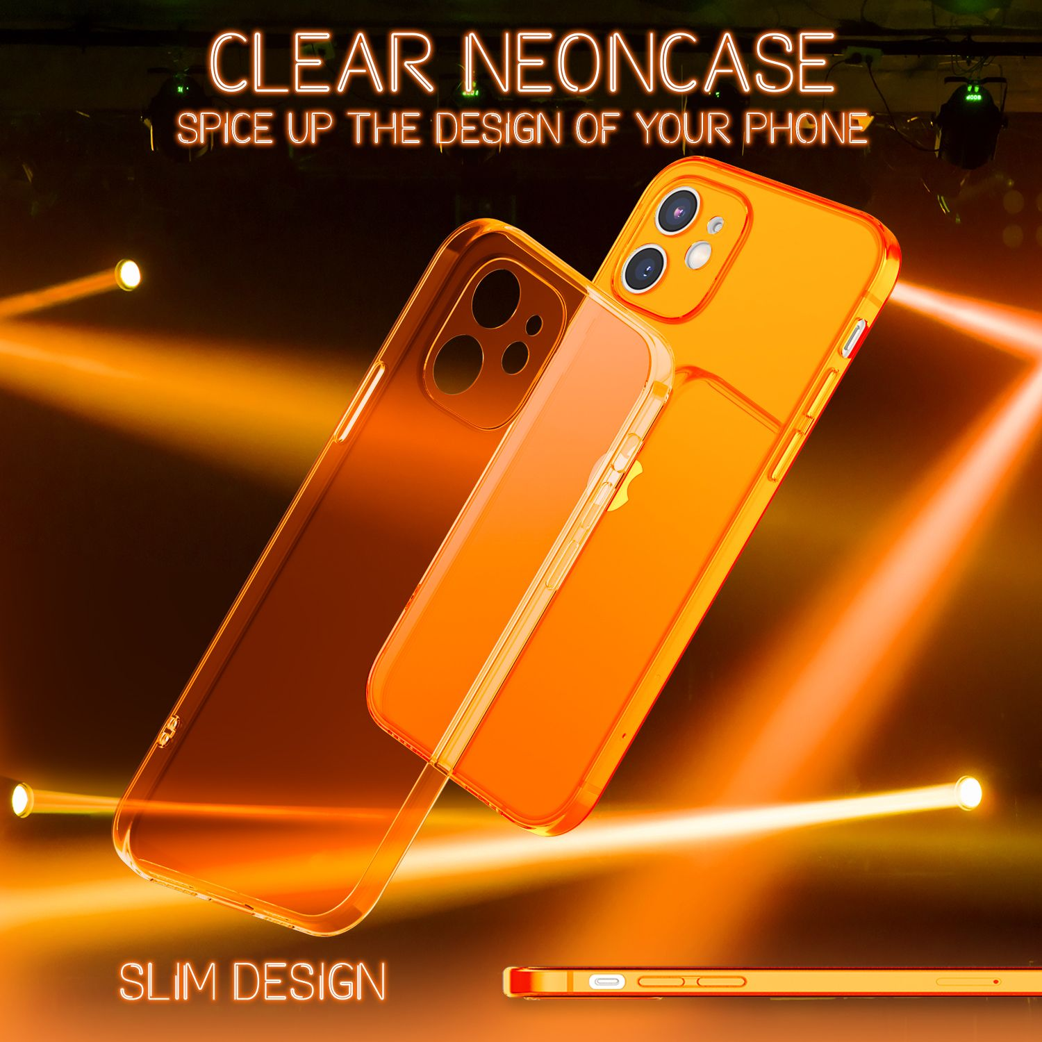 Zwei leuchtend orangefarbene Handyhüllen vor dunklem, von orangefarbenem Licht beleuchtetem Hintergrund.
