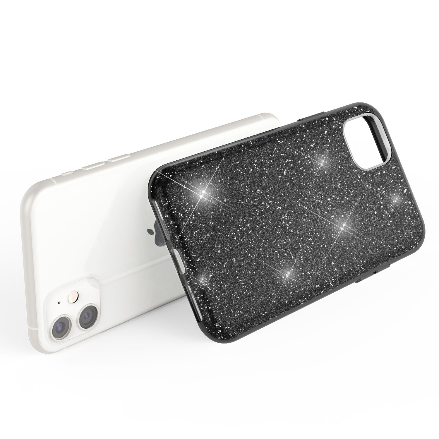 Uno smartphone bianco si trova accanto a una custodia nera glitterata su sfondo bianco.