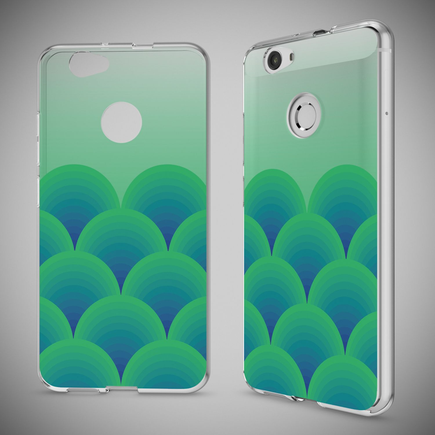 Transparente Smartphone-Hülle mit einem blau-grünen Fischschuppen-Muster.