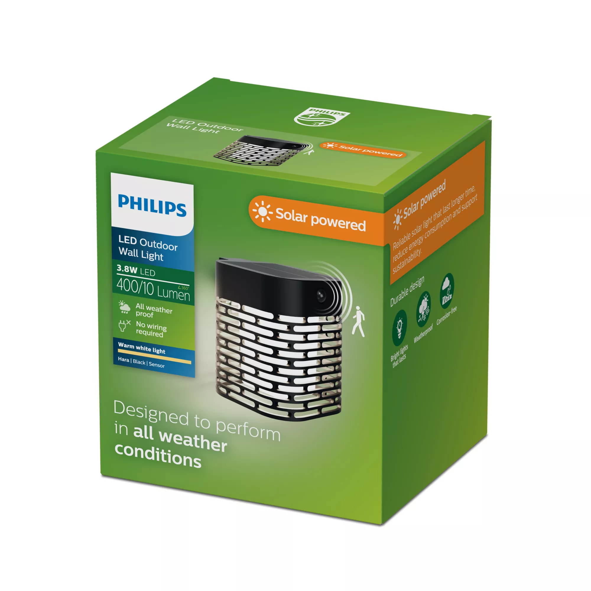 Una caja verde de aplique solar LED para exteriores Philips con imagen y texto.