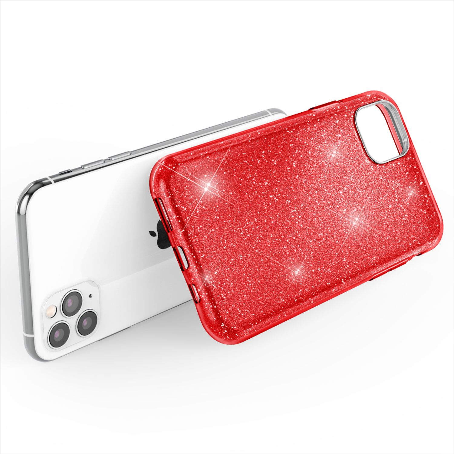 Glänzende rote Glitzer-Handyhülle vor einem weißen Smartphone auf weißem Hintergrund.