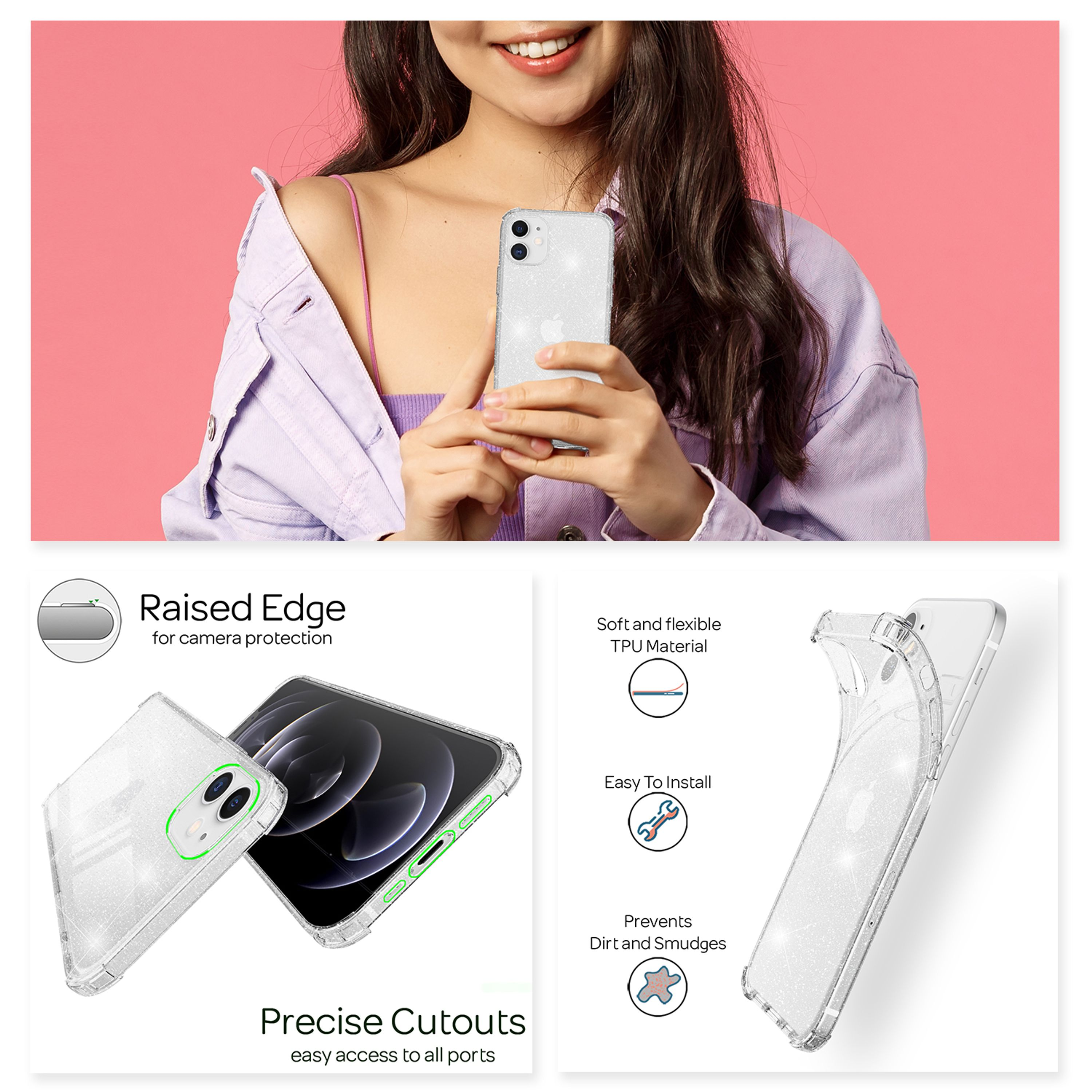 Eine Frau hält ein Smartphone mit transparenter Glitzerhülle; Grafiken zeigen präzise Ausschnitte und Material.