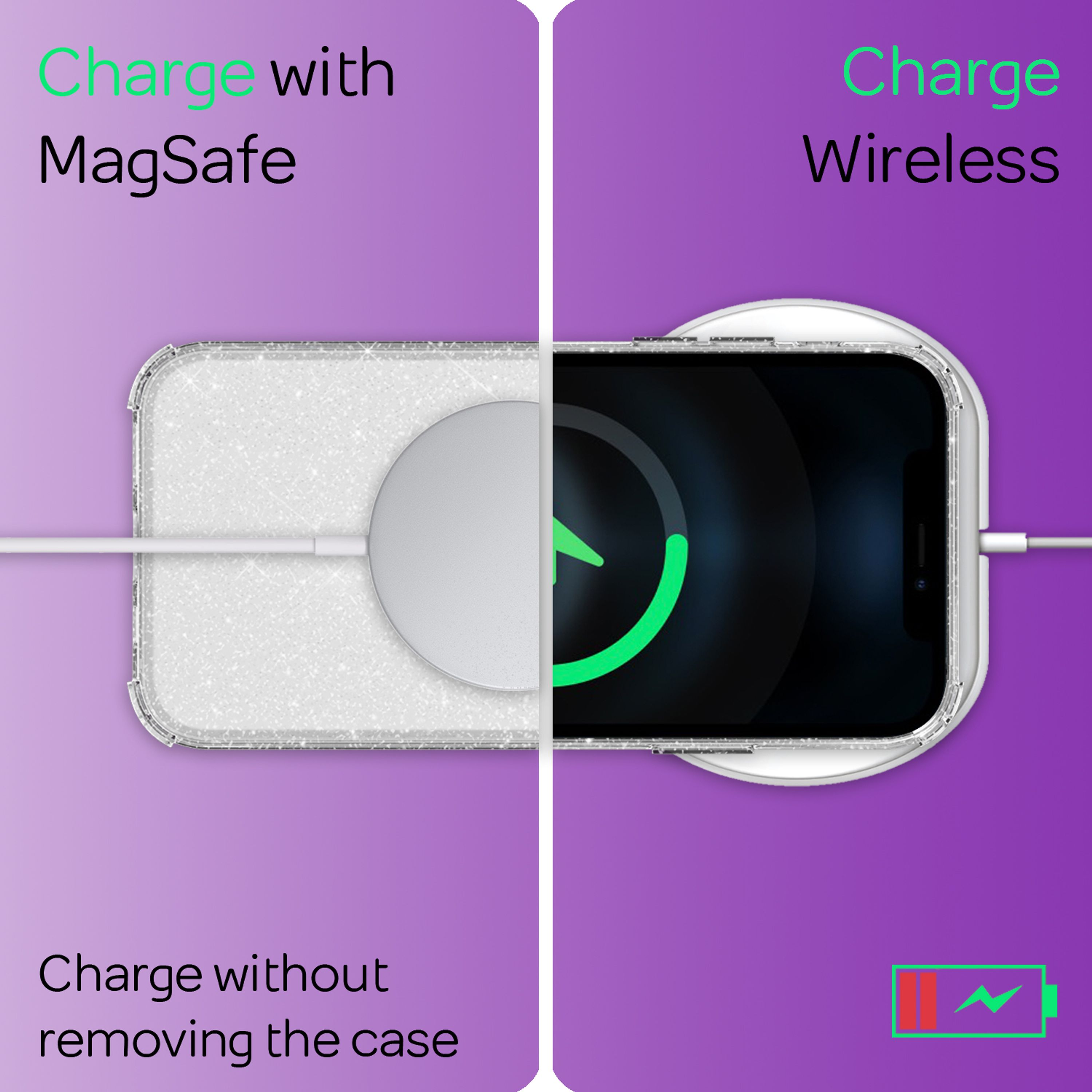Vergleich zweier Ladeoptionen: MagSafe-Laden links und kabelloses Laden rechts auf lila Hintergrund.