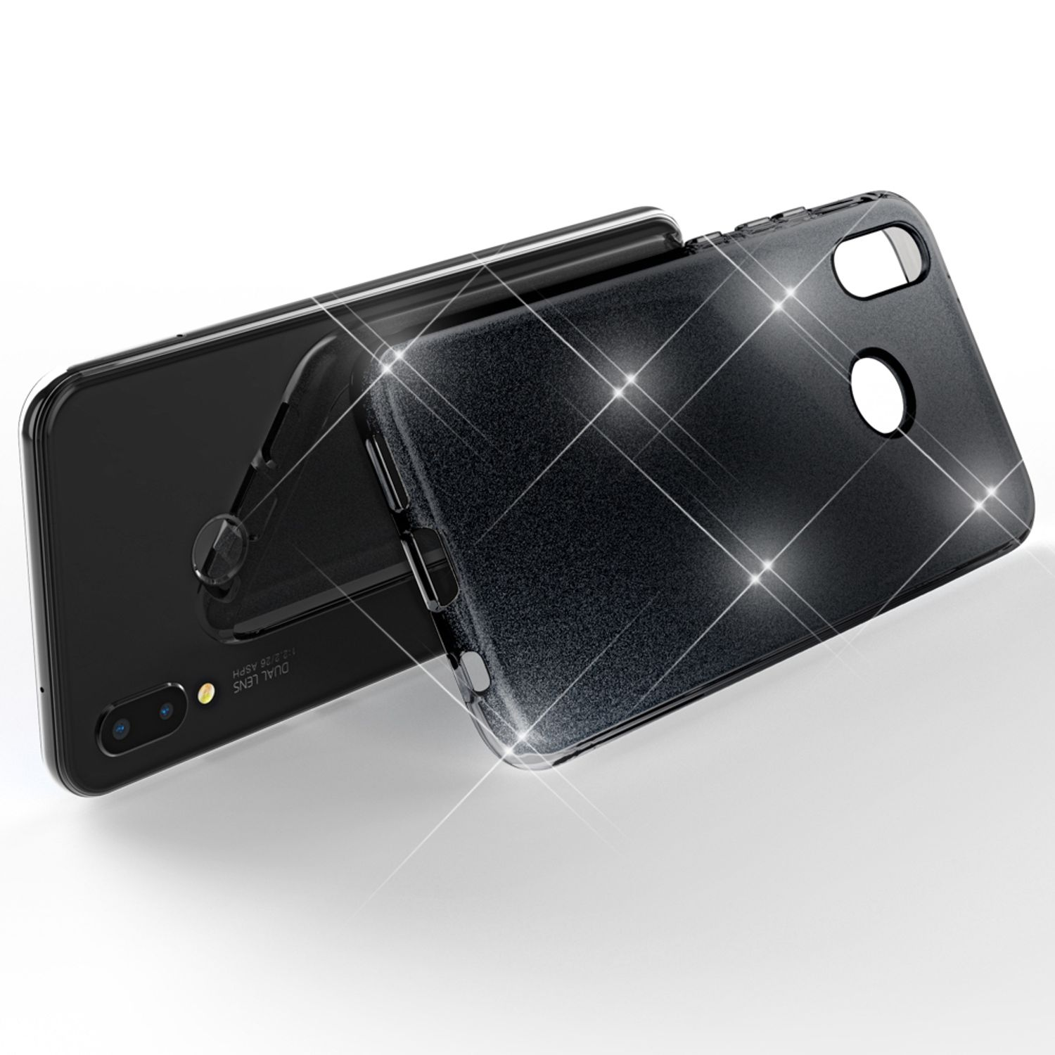 Ein glänzendes, glitzerndes schwarzes Smartphone-Case liegt neben einem schwarzen Smartphone auf weißem Grund.