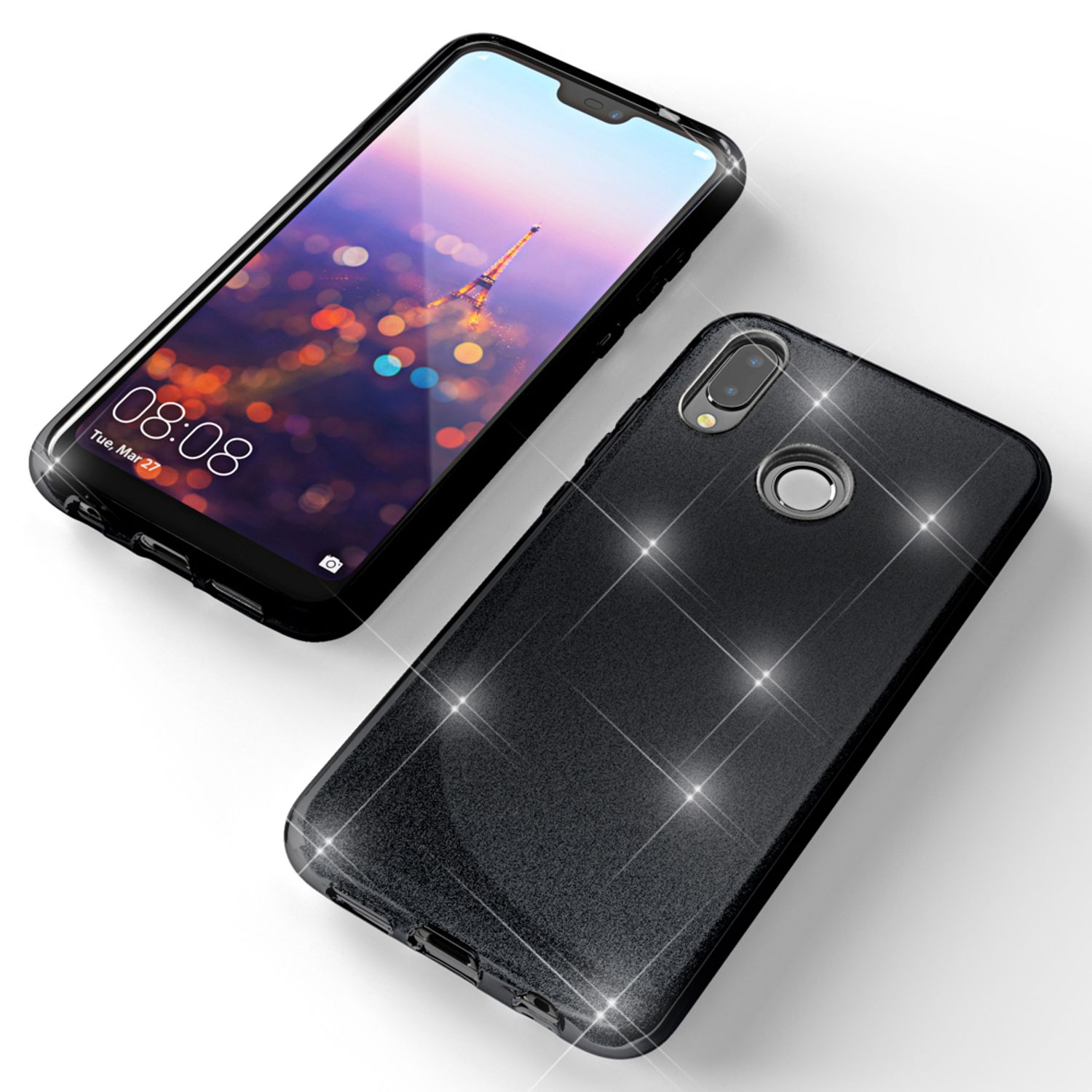 Ein glänzendes schwarzes Smartphone-Case mit Glitzereffekt zeigt Vorder- und Rückseite auf weißem Grund.