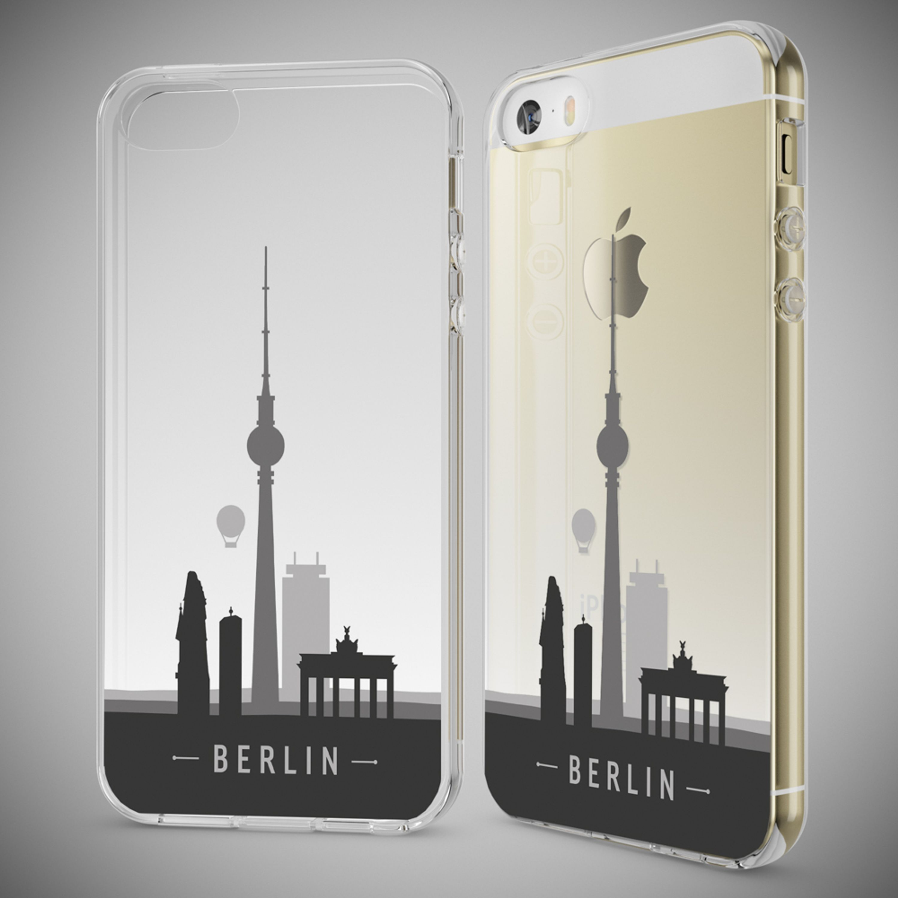 Zwei transparente Handyhüllen mit Berliner Skyline und der Aufschrift BERLIN auf grauem Hintergrund.