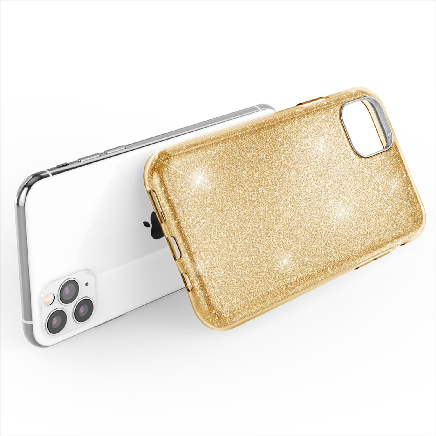 Ein weißes Smartphone liegt auf einer weißen Oberfläche neben einer glitzernden goldenen Handyhülle.