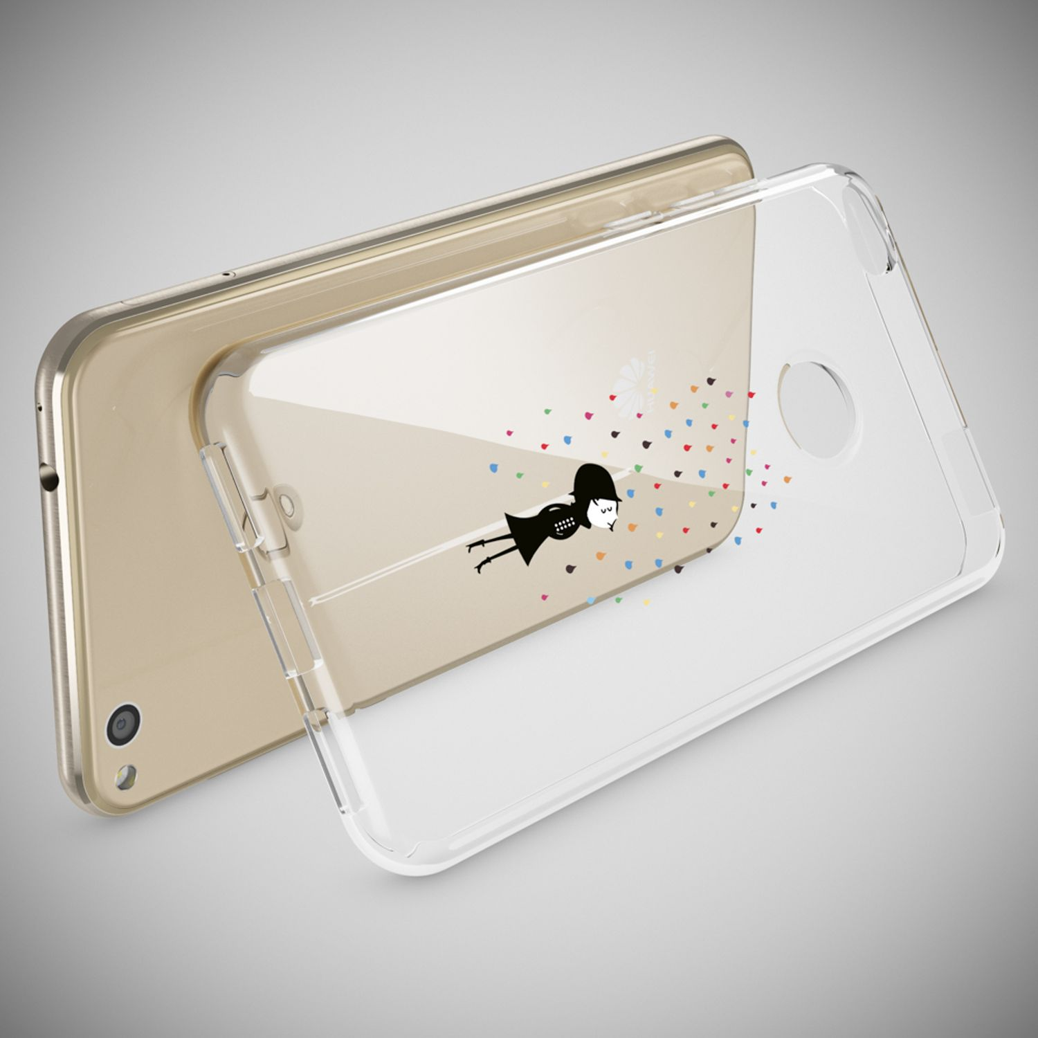 Eine Handyhülle mit einer Grafik von Mädchen und bunten Blättern vor einem goldenen Smartphone auf grauen Hintergrund.