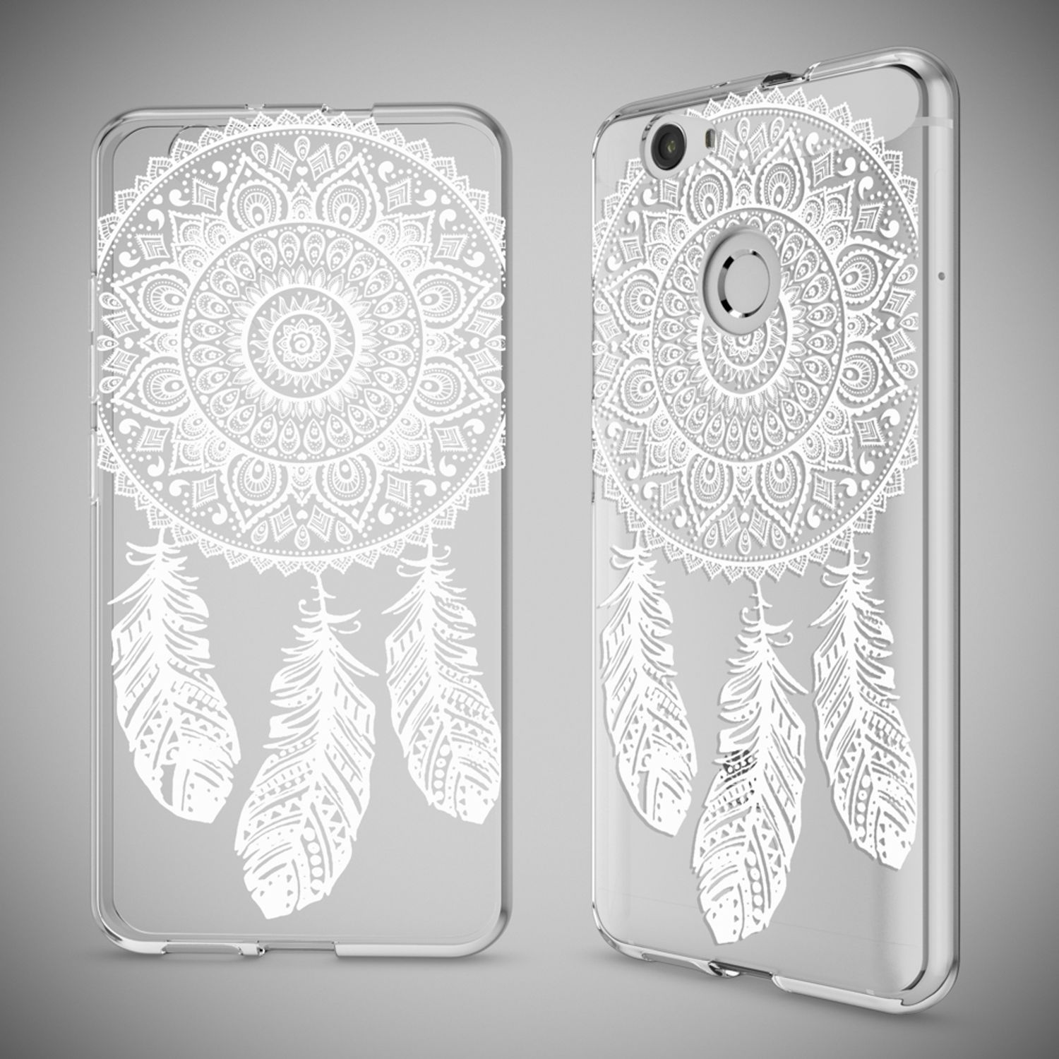 Transparente Handyhülle mit weißem Mandala-Traumfänger-Design.