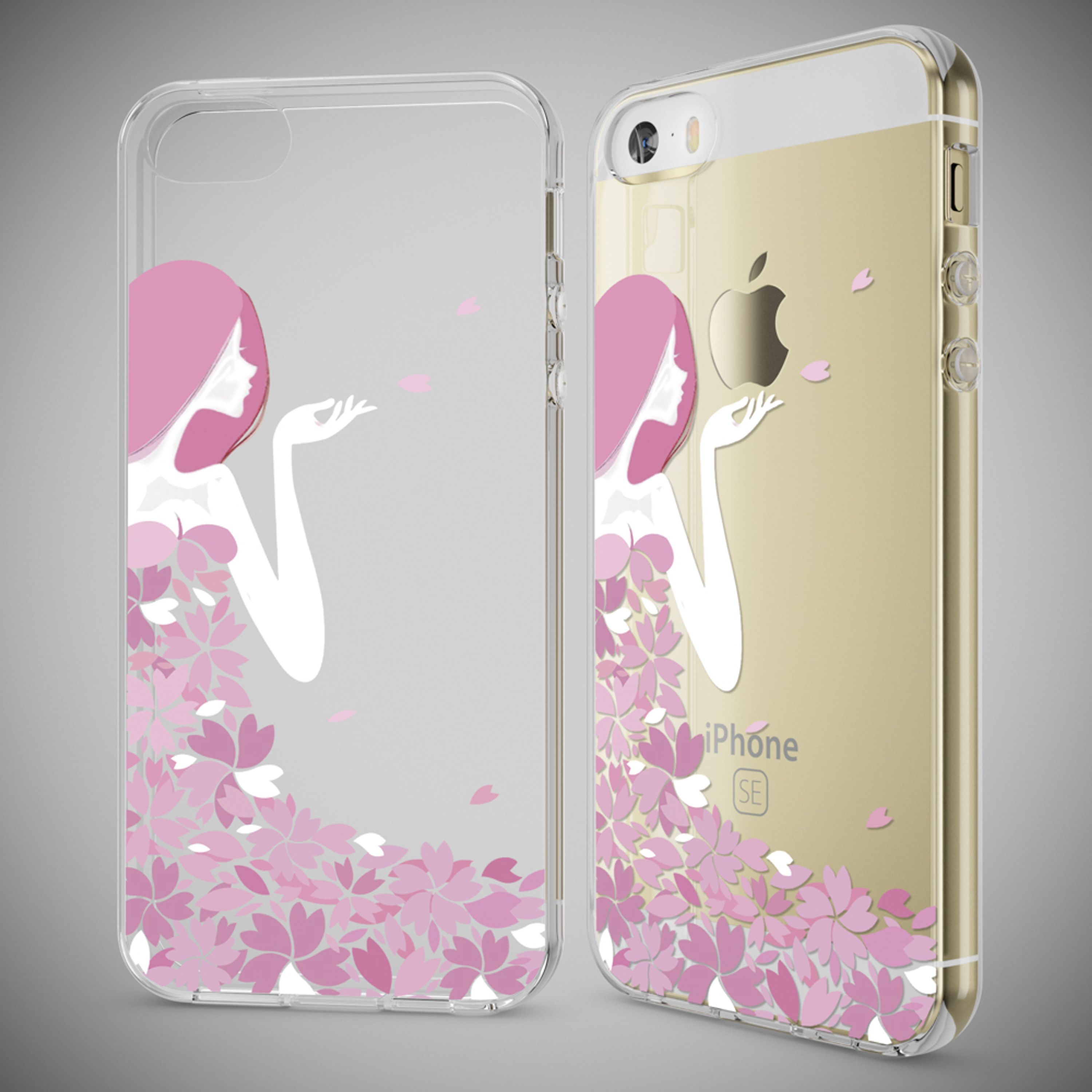 Transparente Handyhülle mit Pinkem Kirschblüten-Frauendesign auf einem iPhone.
