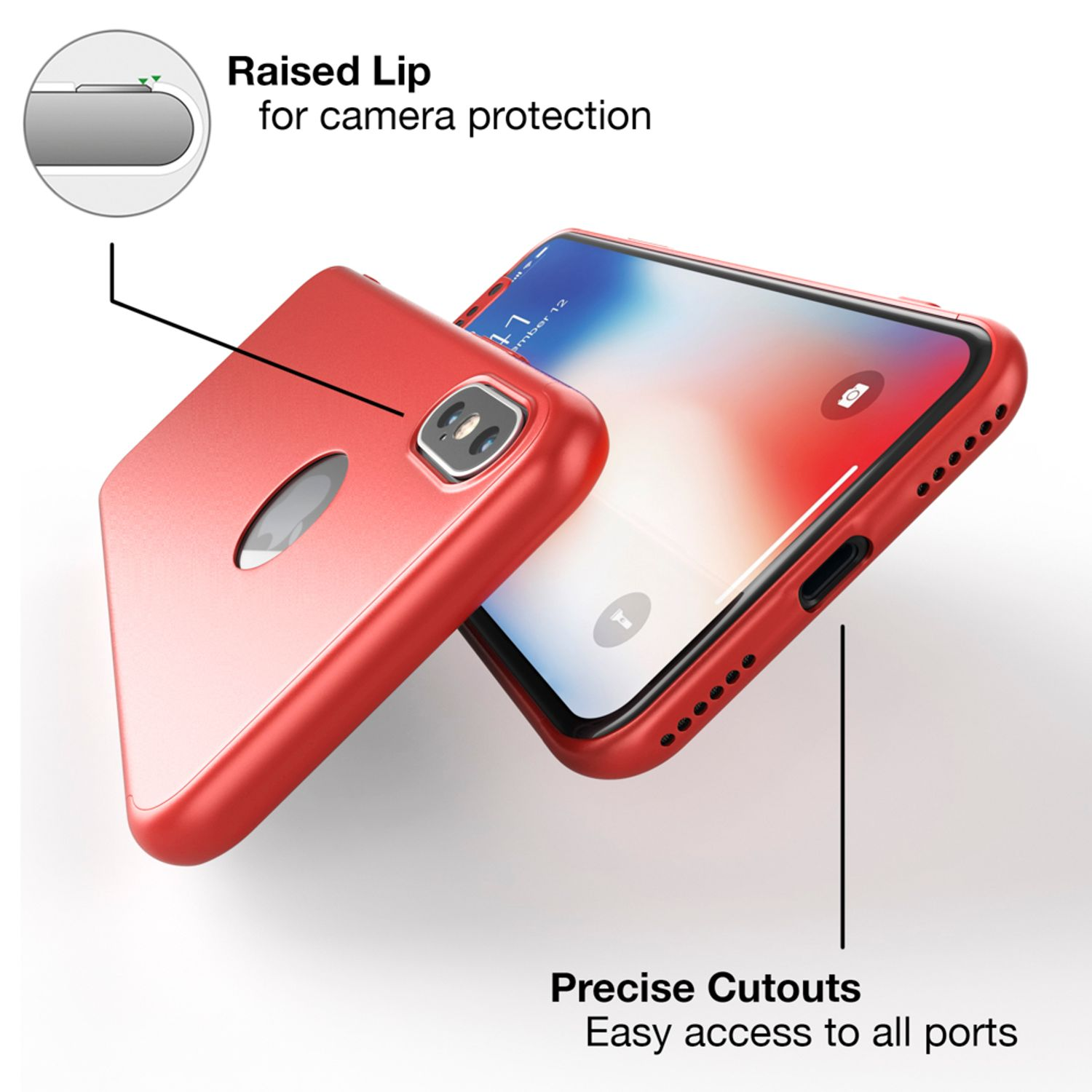 Roter Smartphone-Kasten mit Schutzlippe um die Kamera und präzisen Ausschnitten für Anschlüsse.