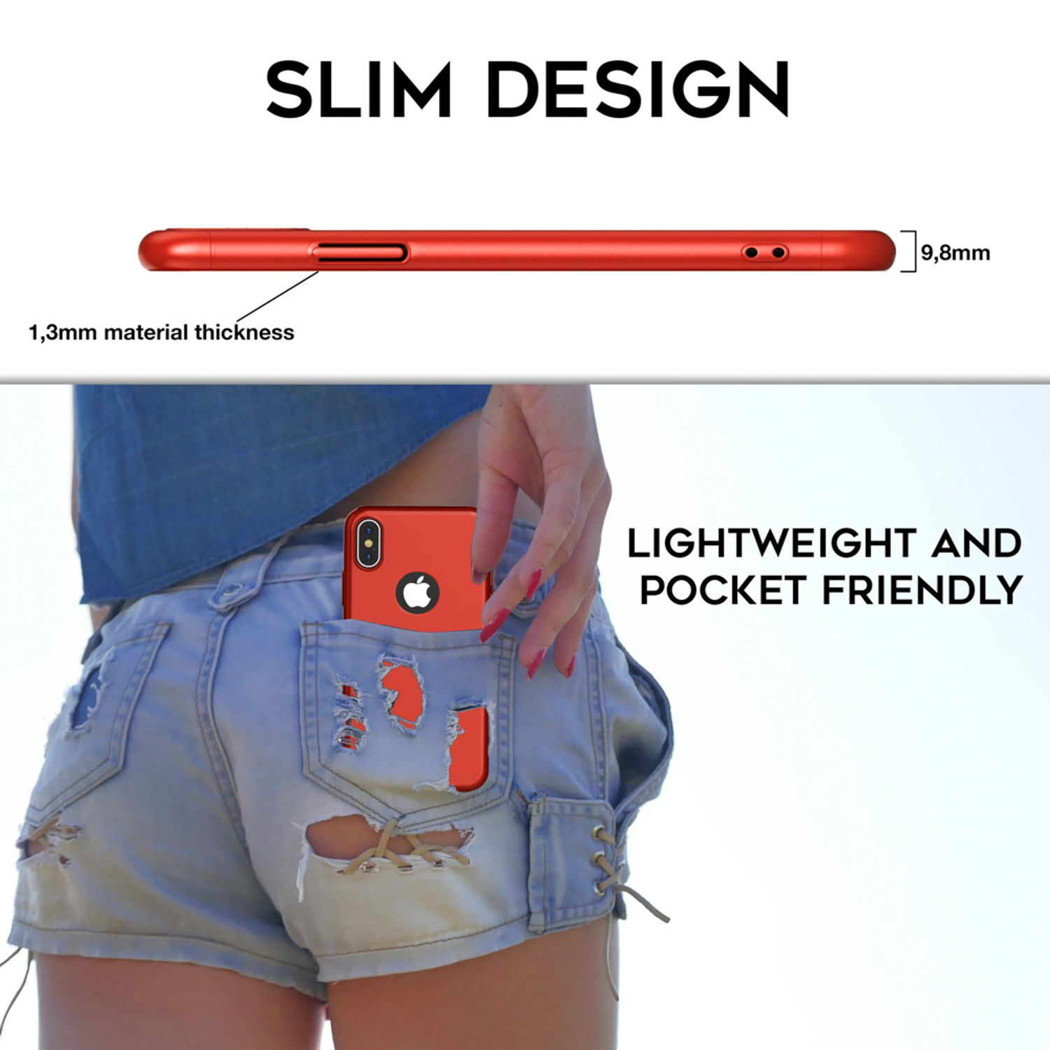 Ein rotes Telefon in einer Tasche mit Text, der schlankes Design besagt.