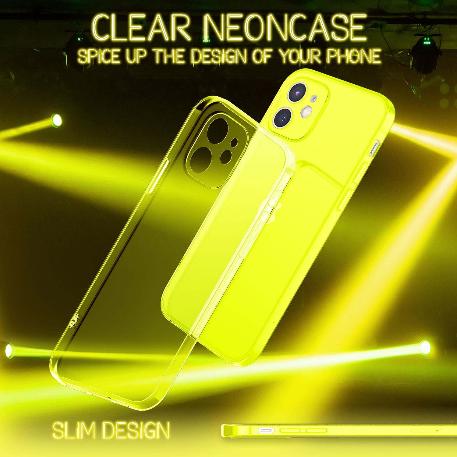 Klares Neon-Handycover in leuchtendem Gelb vor einem dunklen Hintergrund mit gelben Lichtstrahlen.