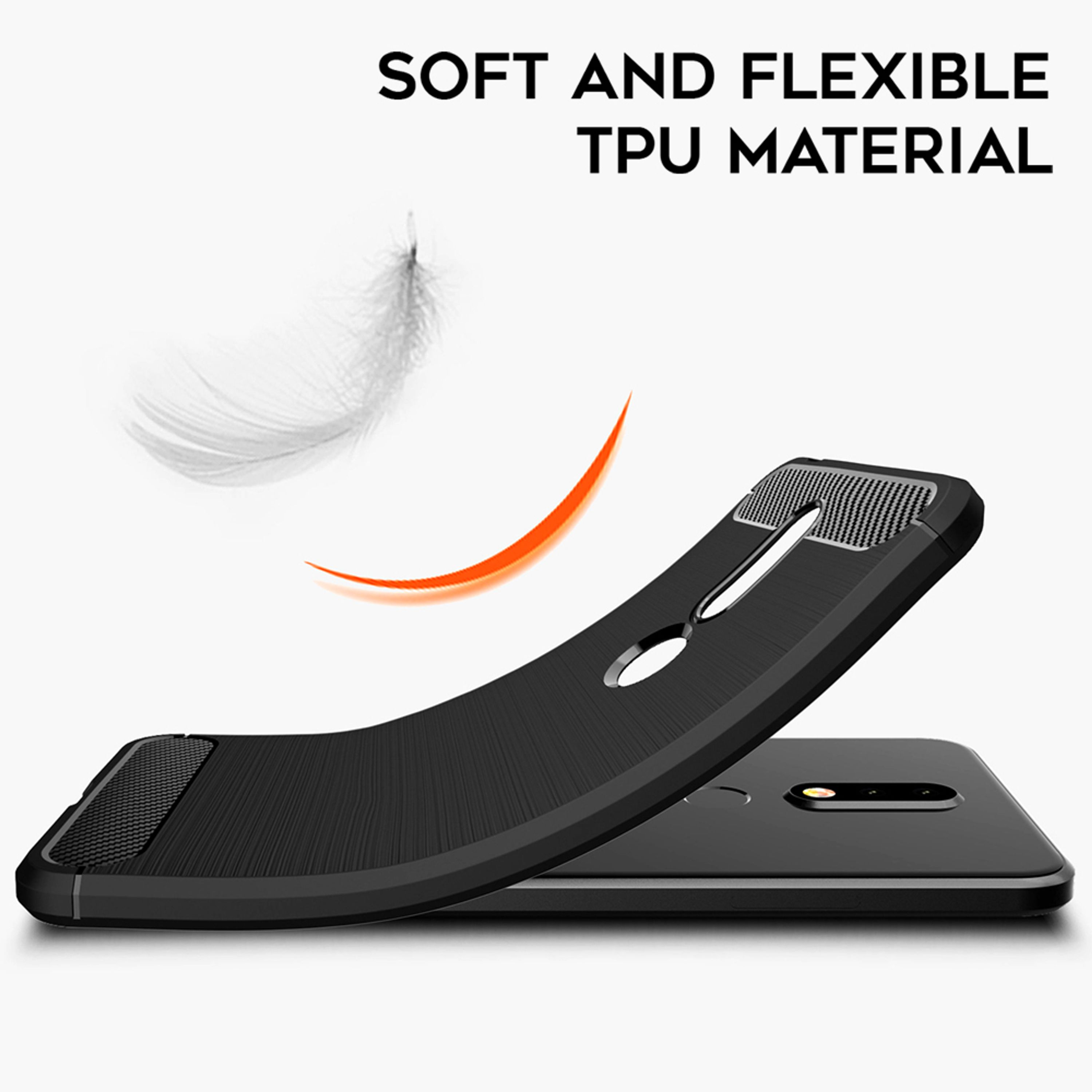Eine flexible schwarze Handyhülle biegt sich über ein Handy, mit einer Feder oben.