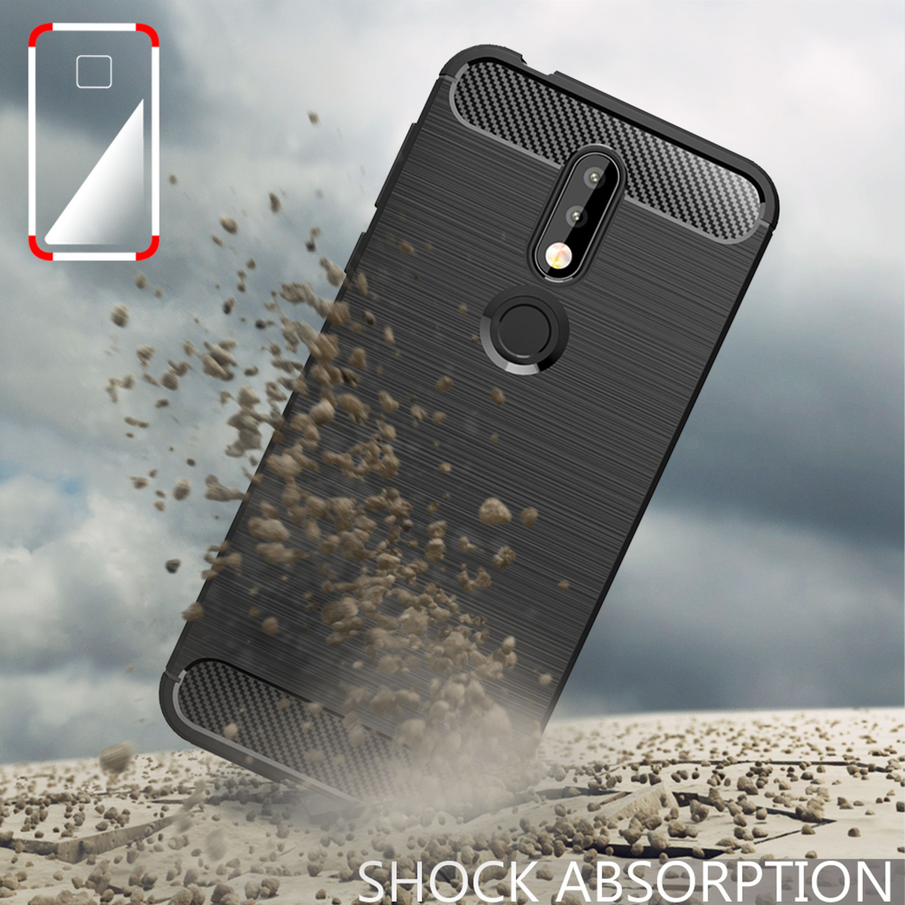 Ein schwarzes Smartphone in einer robusten Hülle fällt auf staubigen Boden und wirbelt Kies auf.
