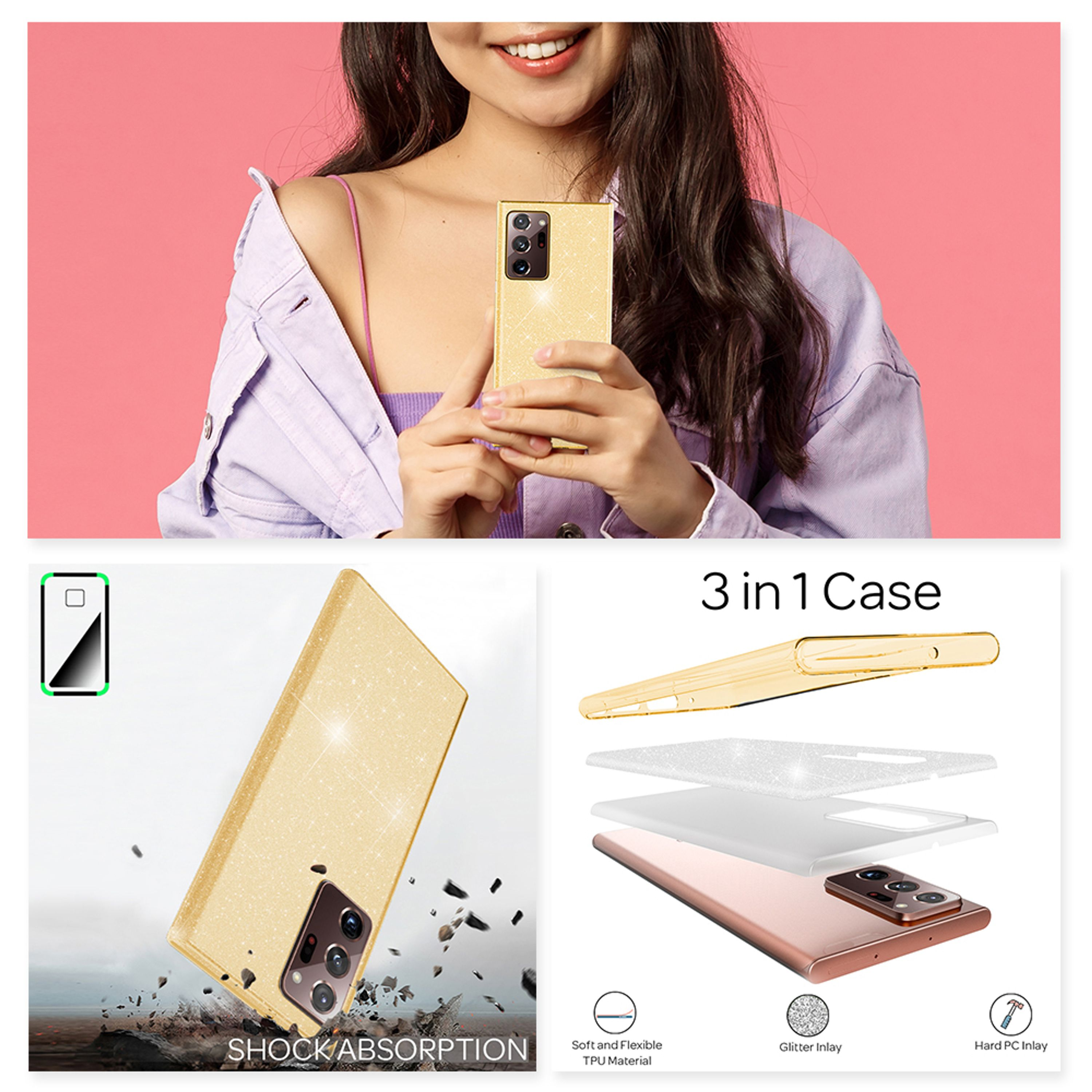 Una donna tiene una custodia per telefono glitterata dorata, mostrata sotto con assorbimento degli urti.