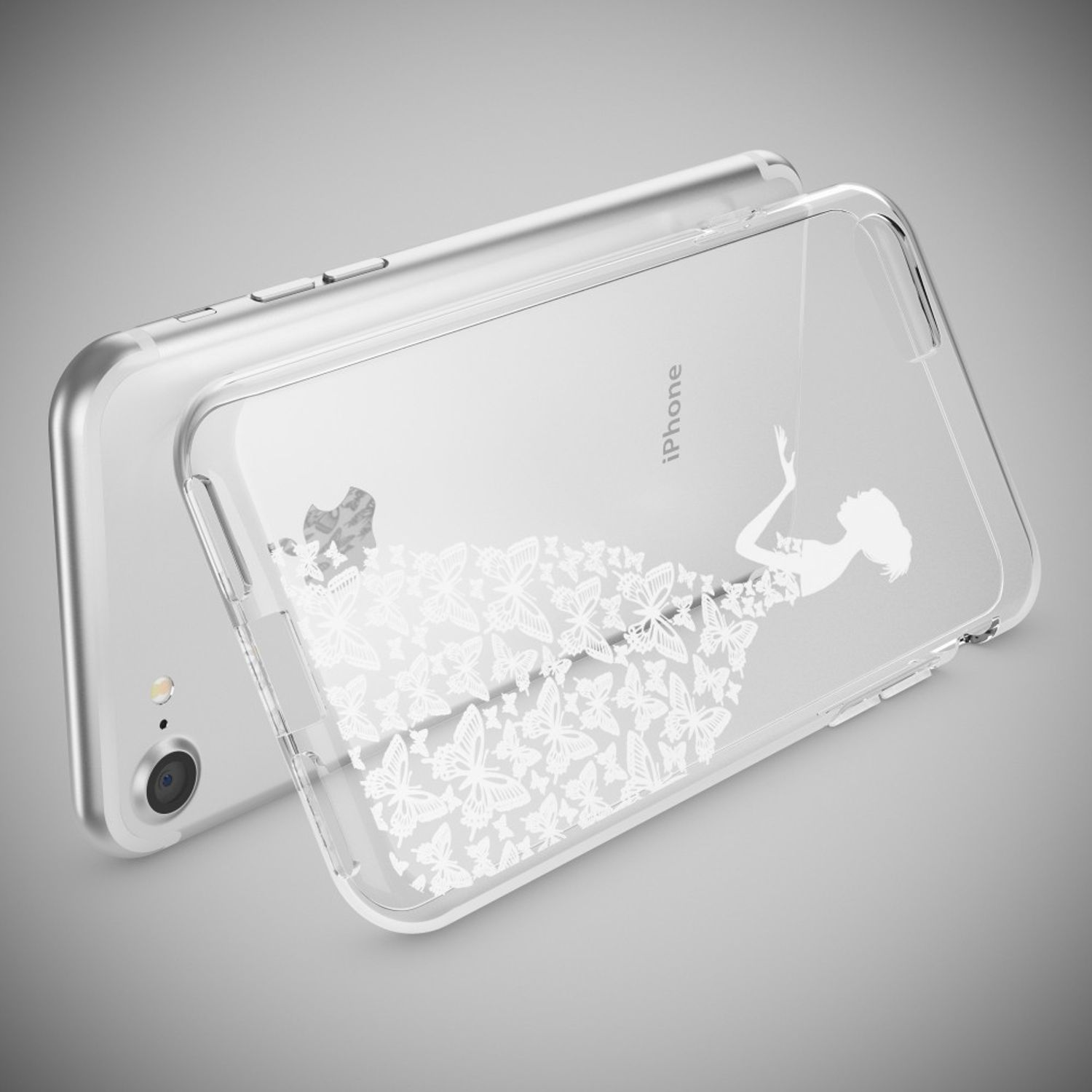 Transparente iPhone-Hülle mit einem weißen Kleid aus Schmetterlingen und einer Frauenfigur auf grauem Hintergrund.