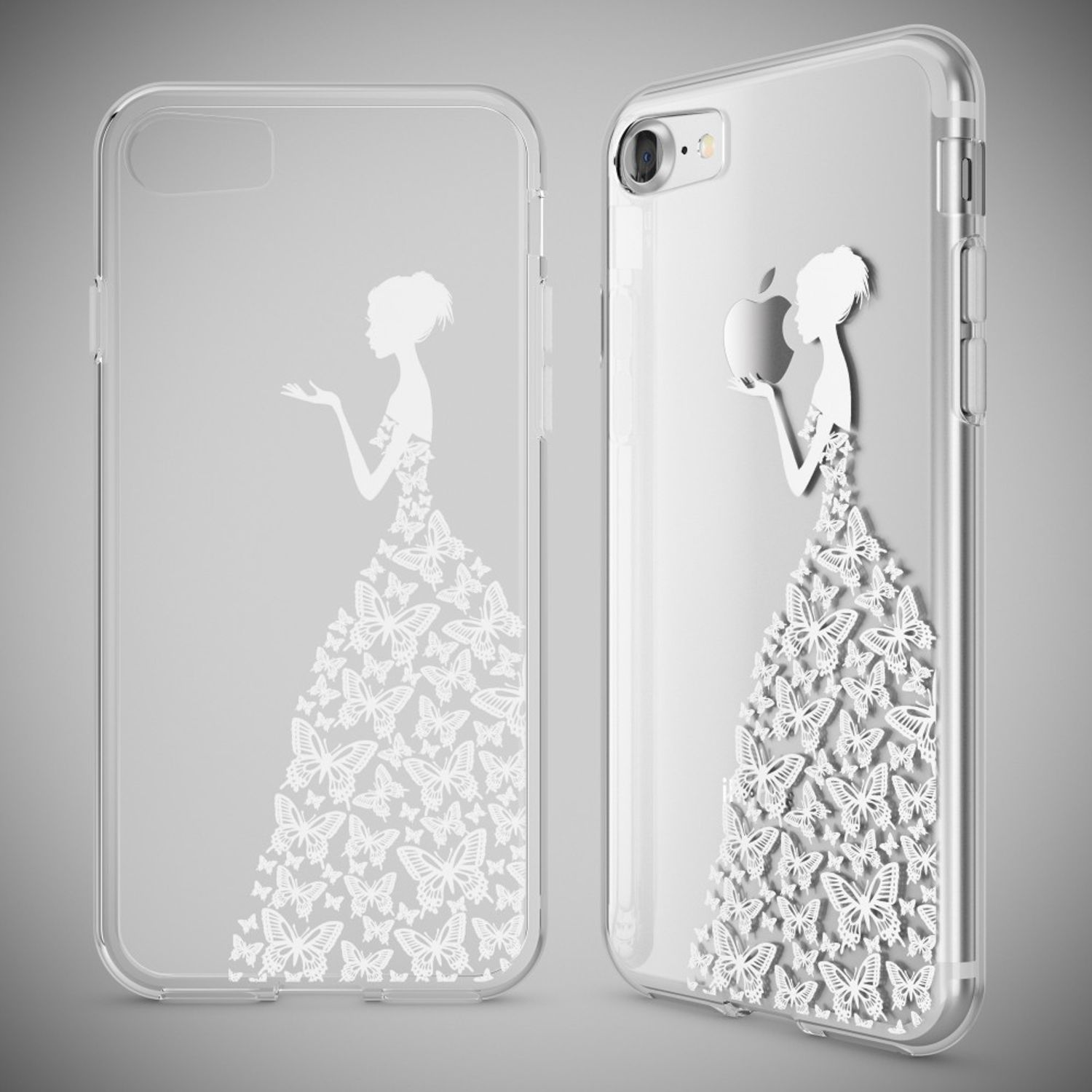 Transparente Handyhülle mit aufgedruckter weißer Frauenfigur in Schmetterlingskleid, einmal auf iPhone montiert.