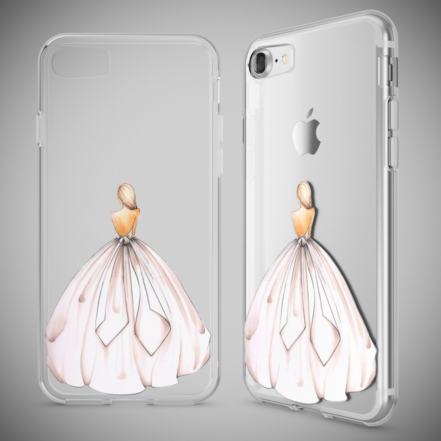 Durchsichtige Handyhülle mit der Illustration einer blonden Frau in einem weißen Ballkleid von hinten.