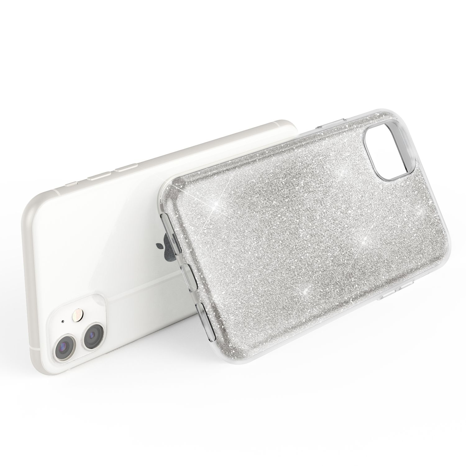 Uno smartphone bianco accanto a una custodia glitterata argentata su sfondo bianco.