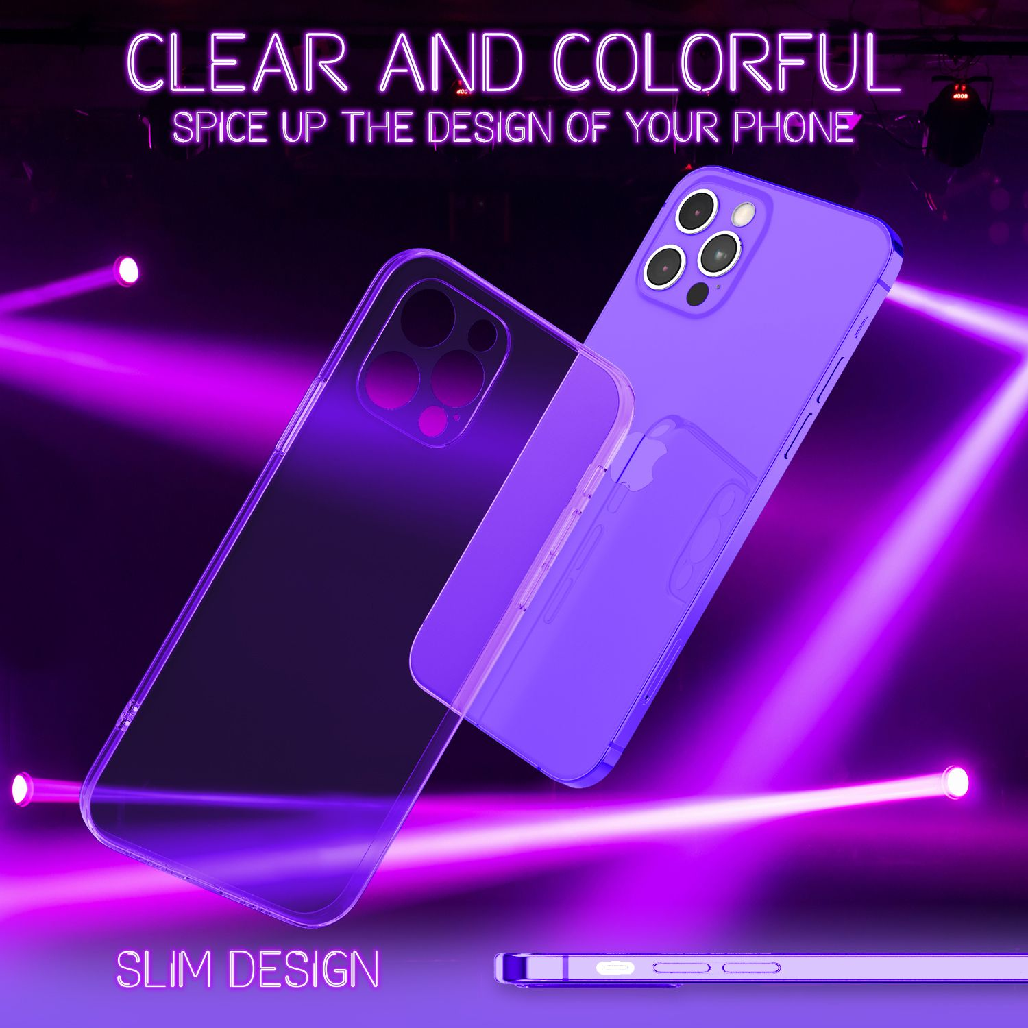 Lila Smartphone mit transparenter Hülle vor lila Licht.