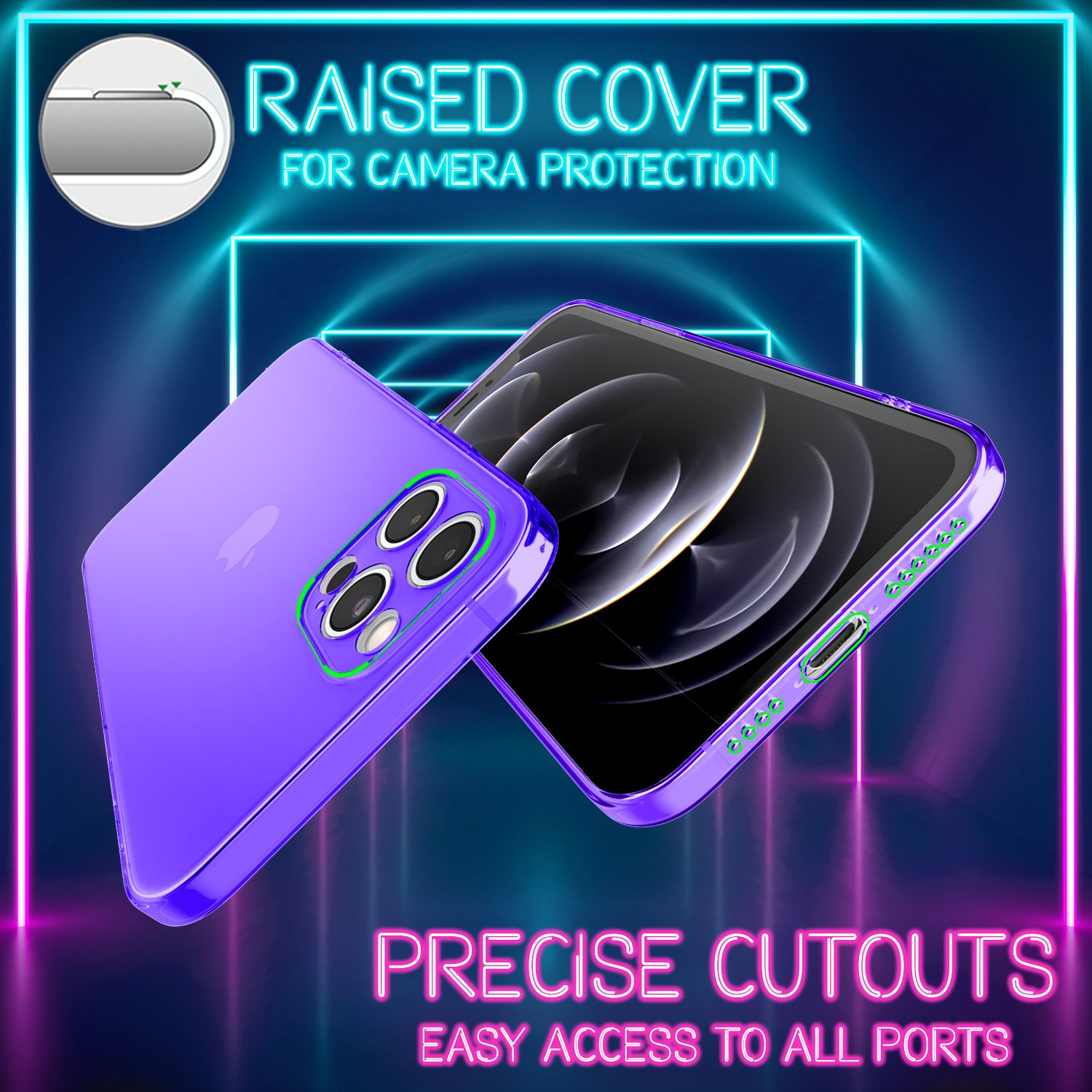 Violette iPhone-Hülle mit erhöhter Kameraabdeckung und präzisen Ausschnitten vor blauem Neonhintergrund.