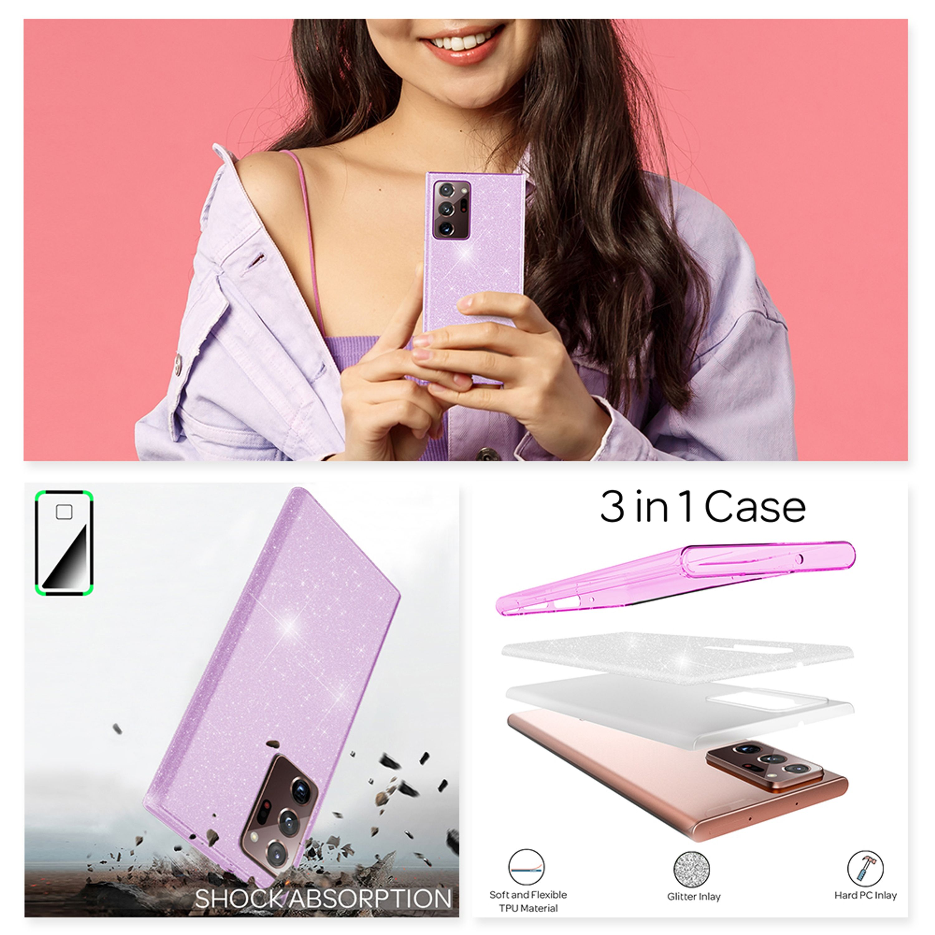 Una donna tiene in mano uno smartphone glitterato viola, con schemi di custodia protettiva.