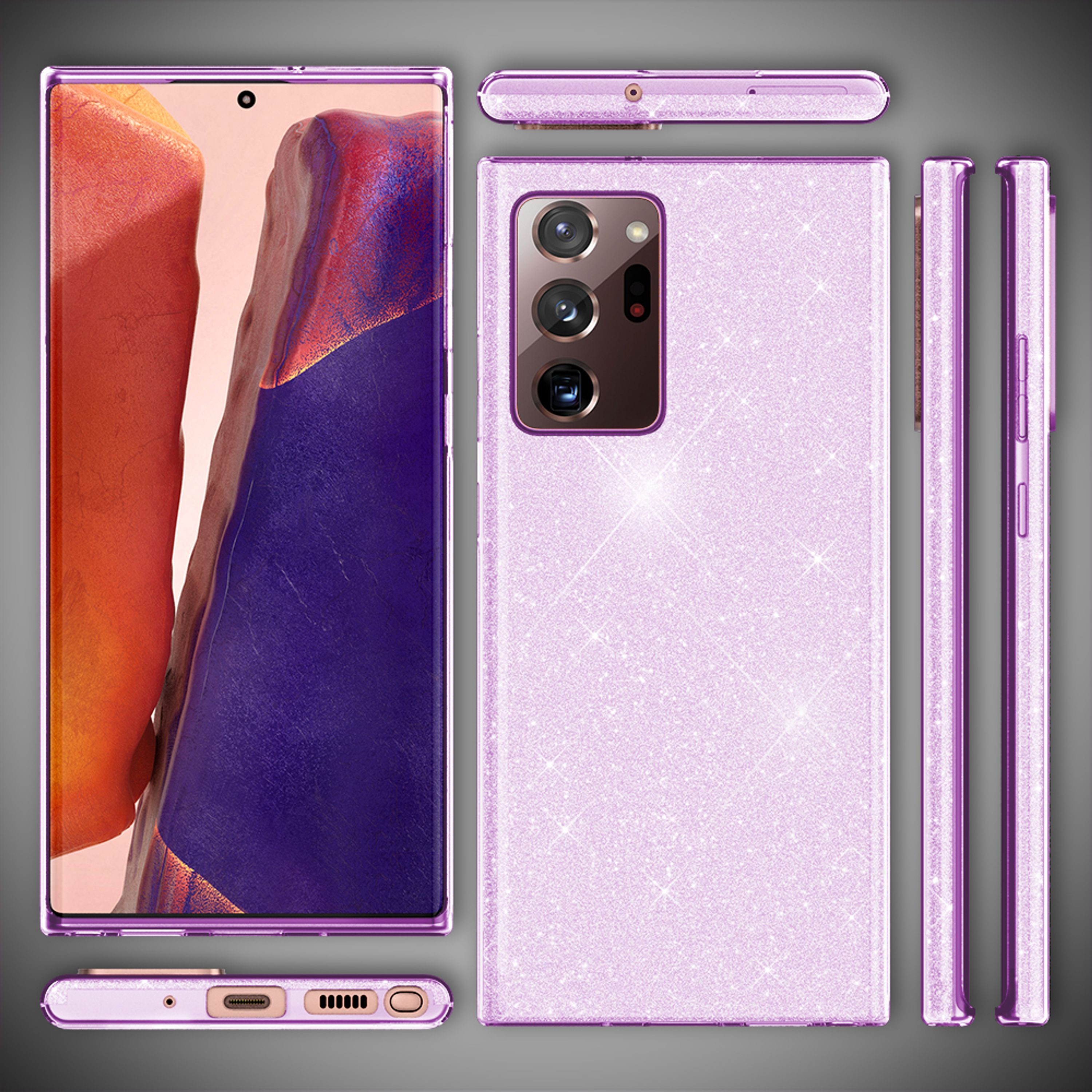 Uno smartphone rosa glitterato da più angolazioni mostra il display, la fotocamera posteriore e i lati.