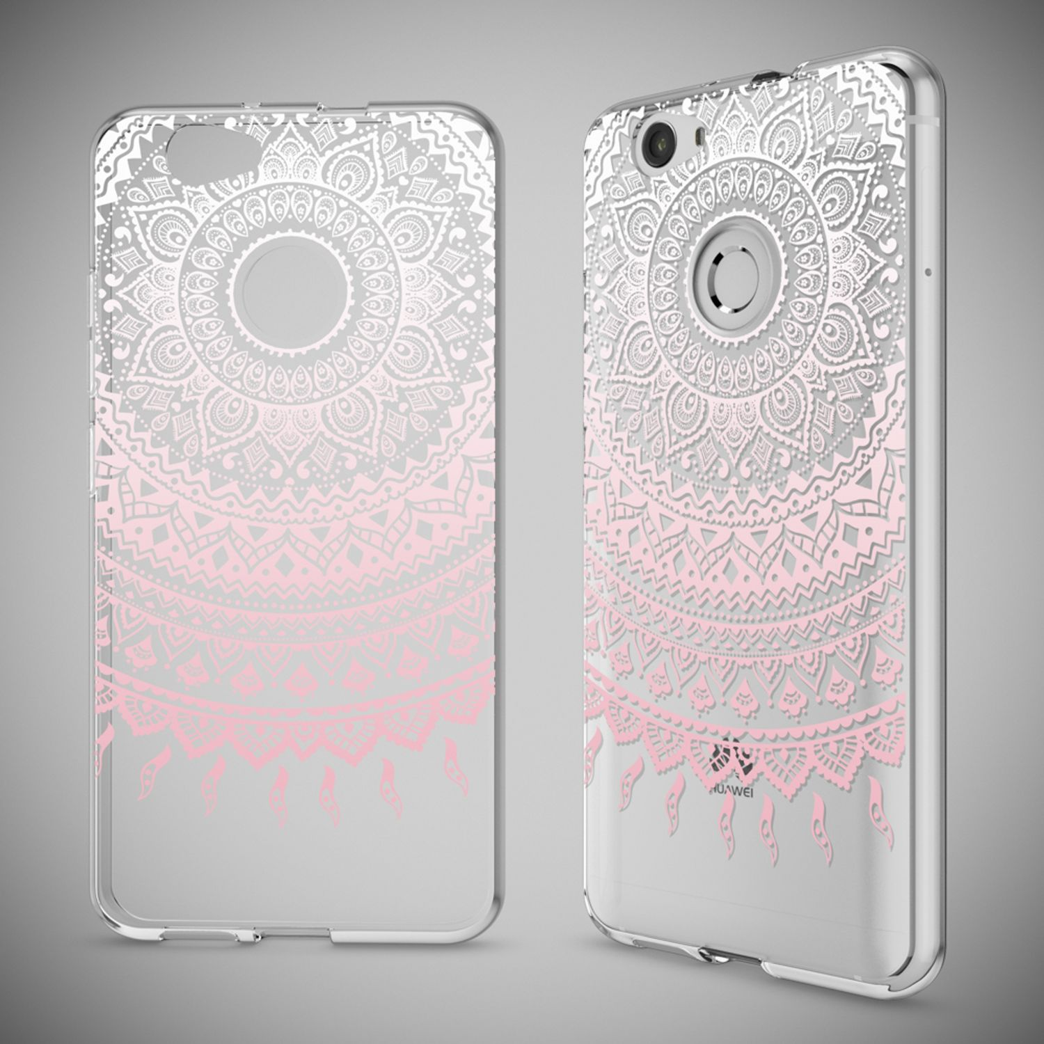 Transparente Handyhülle mit weiß-rosa Mandala-Muster, in Rücken- und Schrägansicht.
