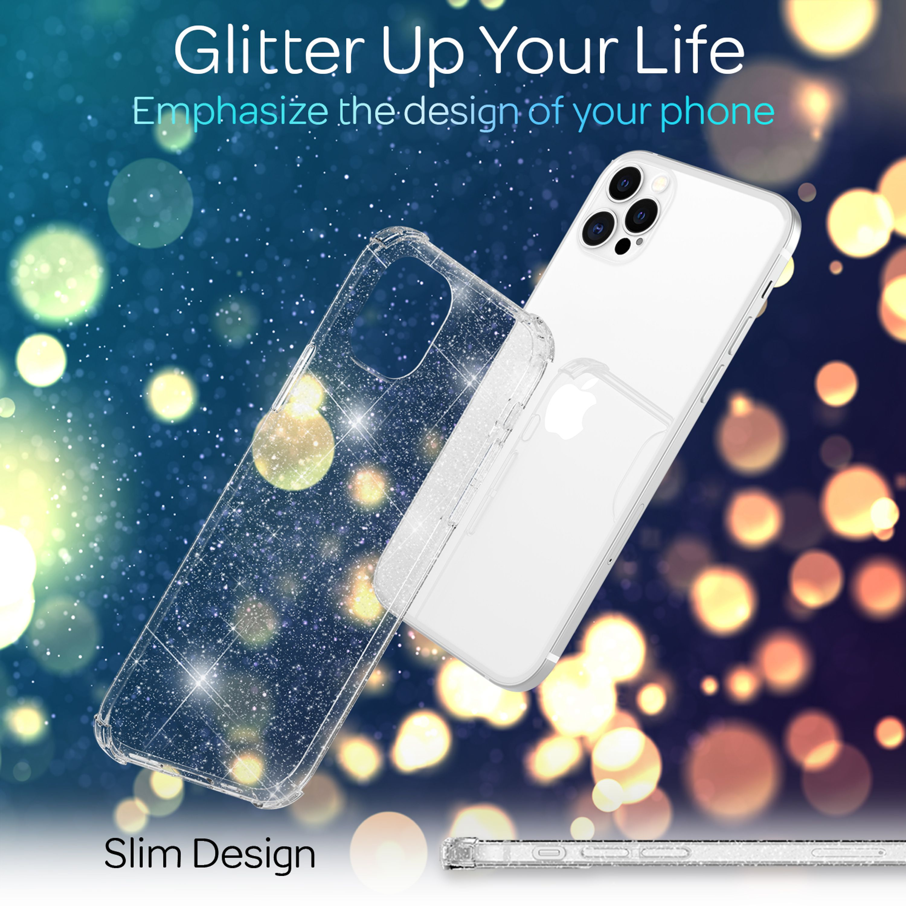 Eine glitzernde transparente Handyhülle und ein weißes Smartphone vor einem bokeh-beleuchteten Hintergrund.