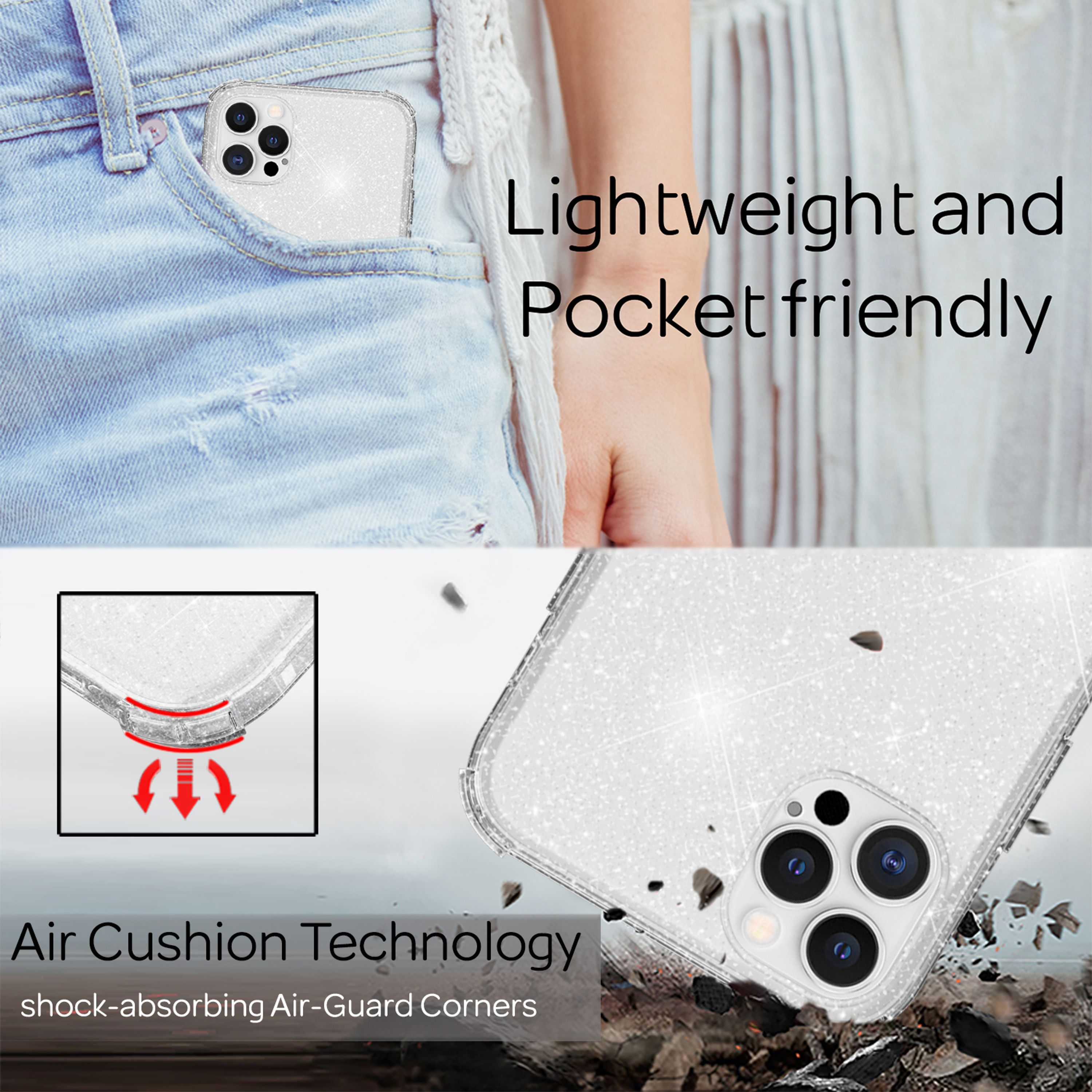 Ein Smartphone in einer Jeanstasche und Nahaufnahmen von Air-Guard-Ecken mit Schockabsorbierung.