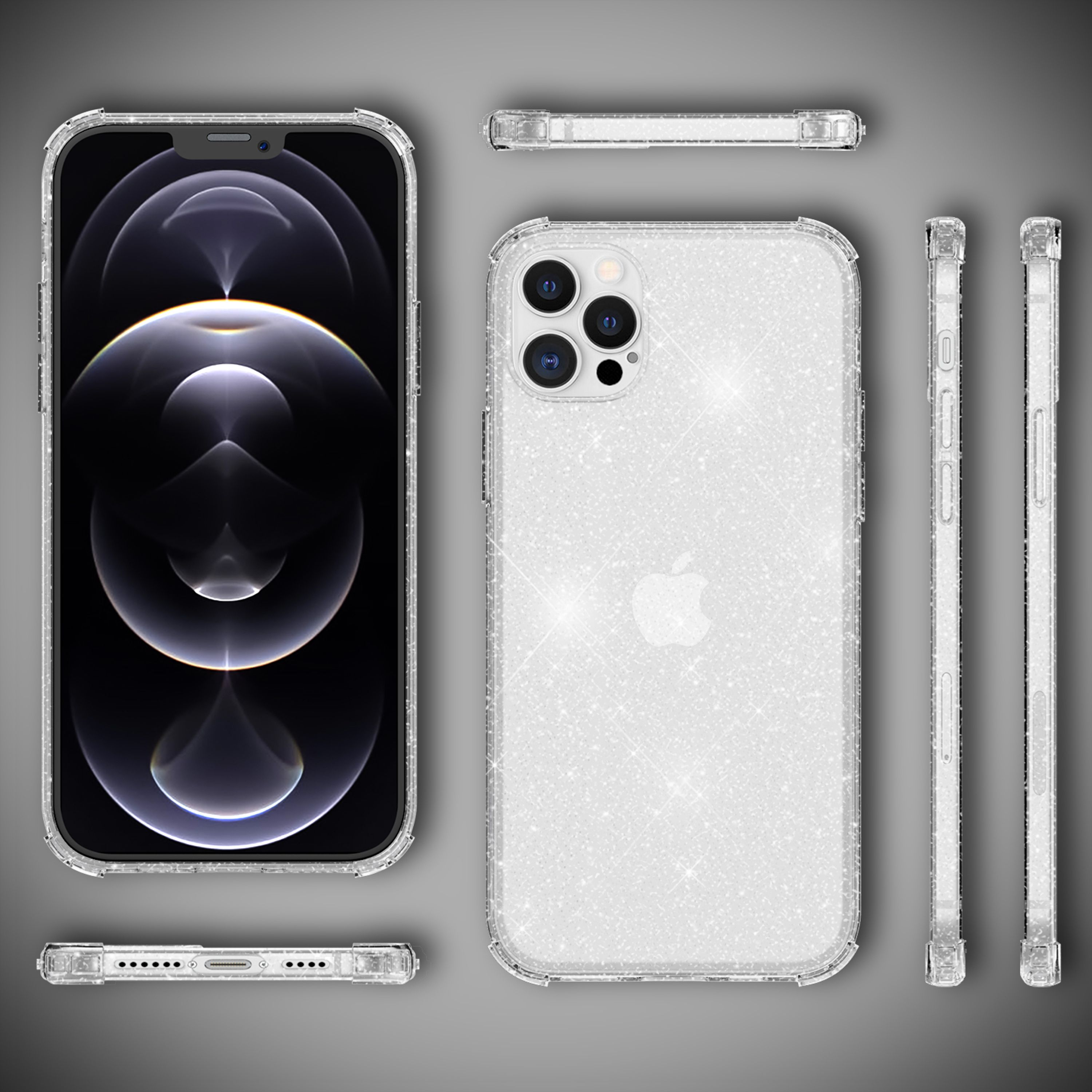 Verschiedene Ansichten eines iPhones mit glitzernder, transparenter Schutzhülle auf grauem Hintergrund.