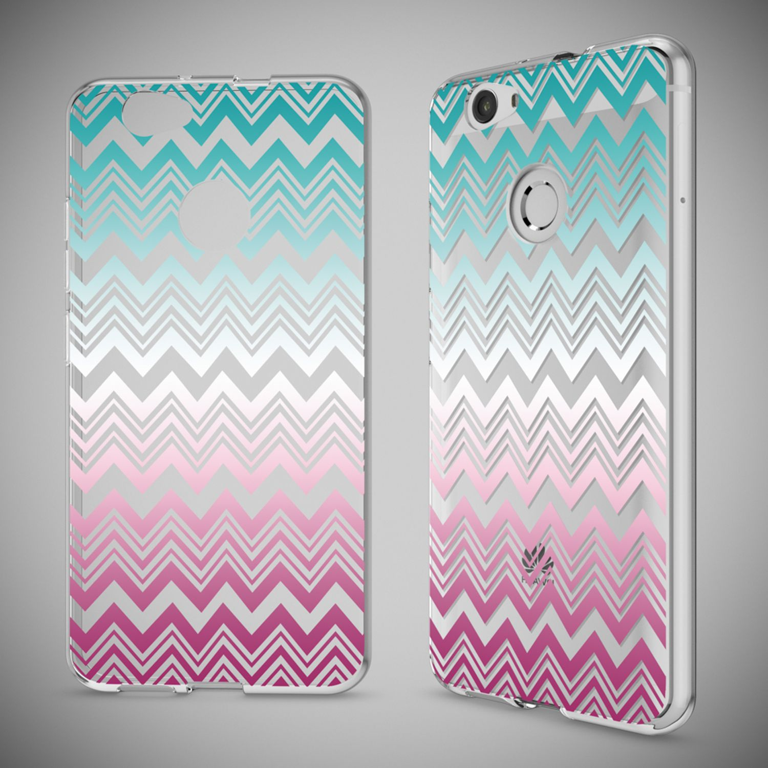 Handyhülle mit Farbverlauf von Blau zu Pink im Zickzack-Muster, links flach und rechts am Telefon.