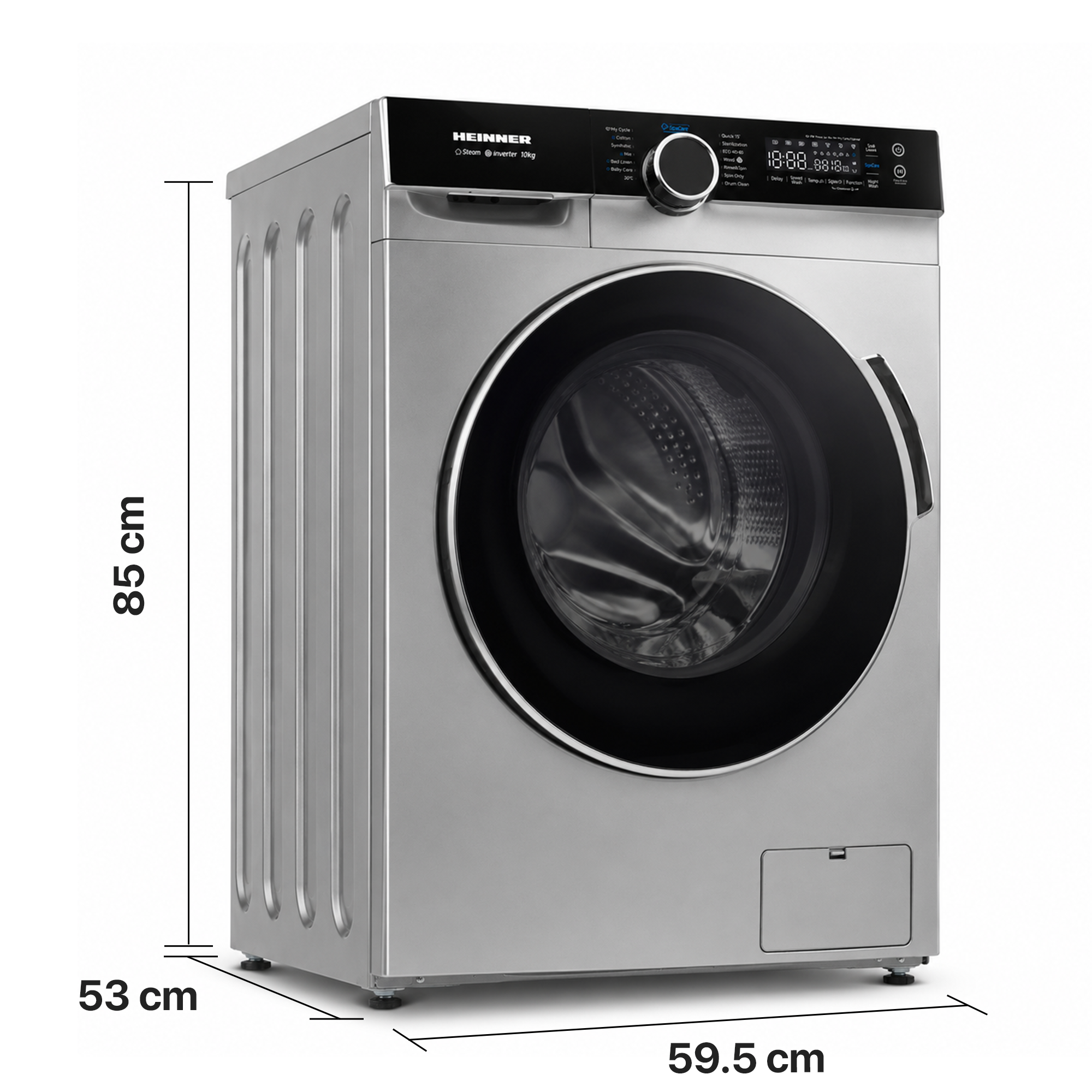 Un lave-linge hublot argenté Heinner avec affichage numérique, montrant des dimensions de 85, 53 et 59,5 cm.