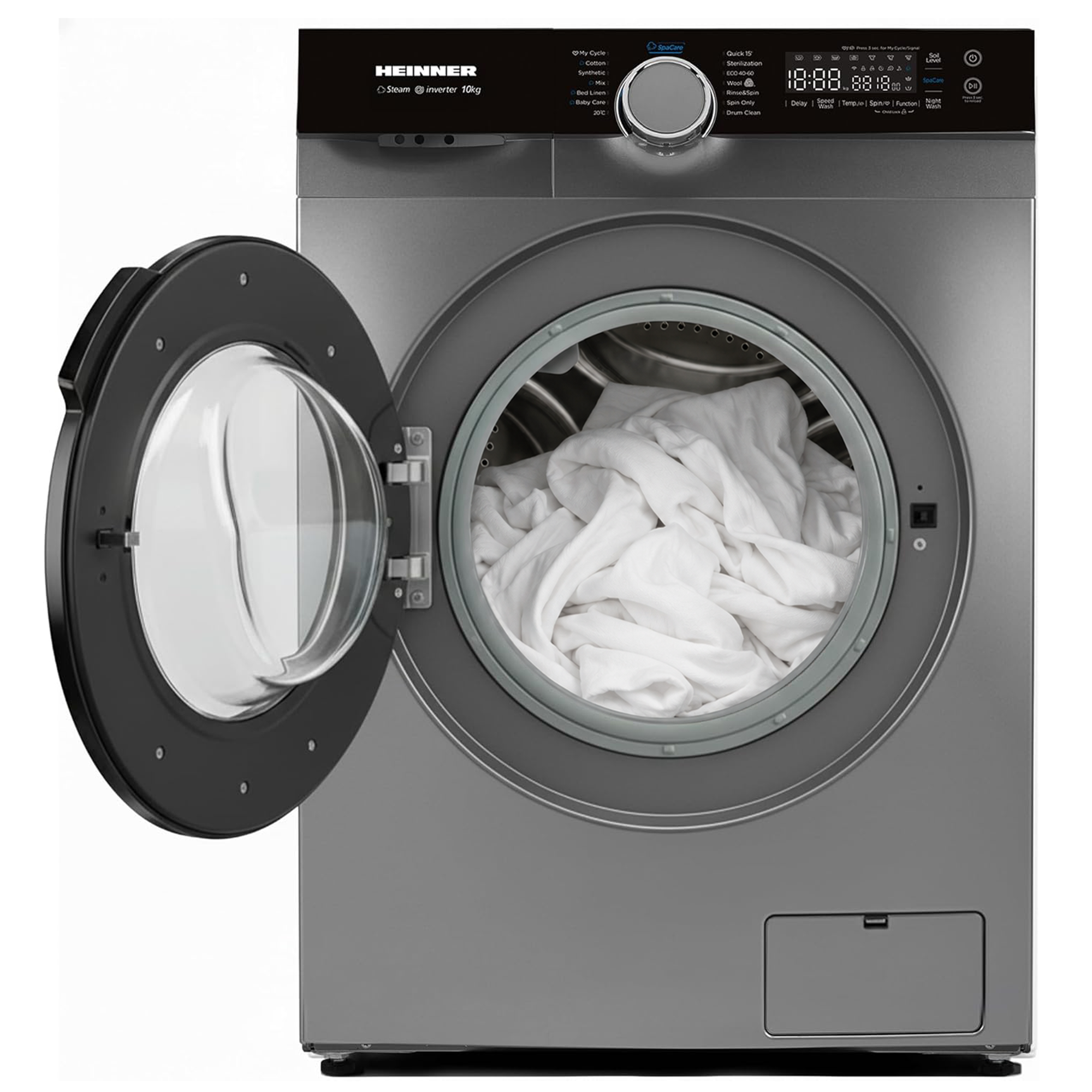 Lave-linge gris Heinner avec porte ouverte et linge blanc à l'intérieur du tambour.